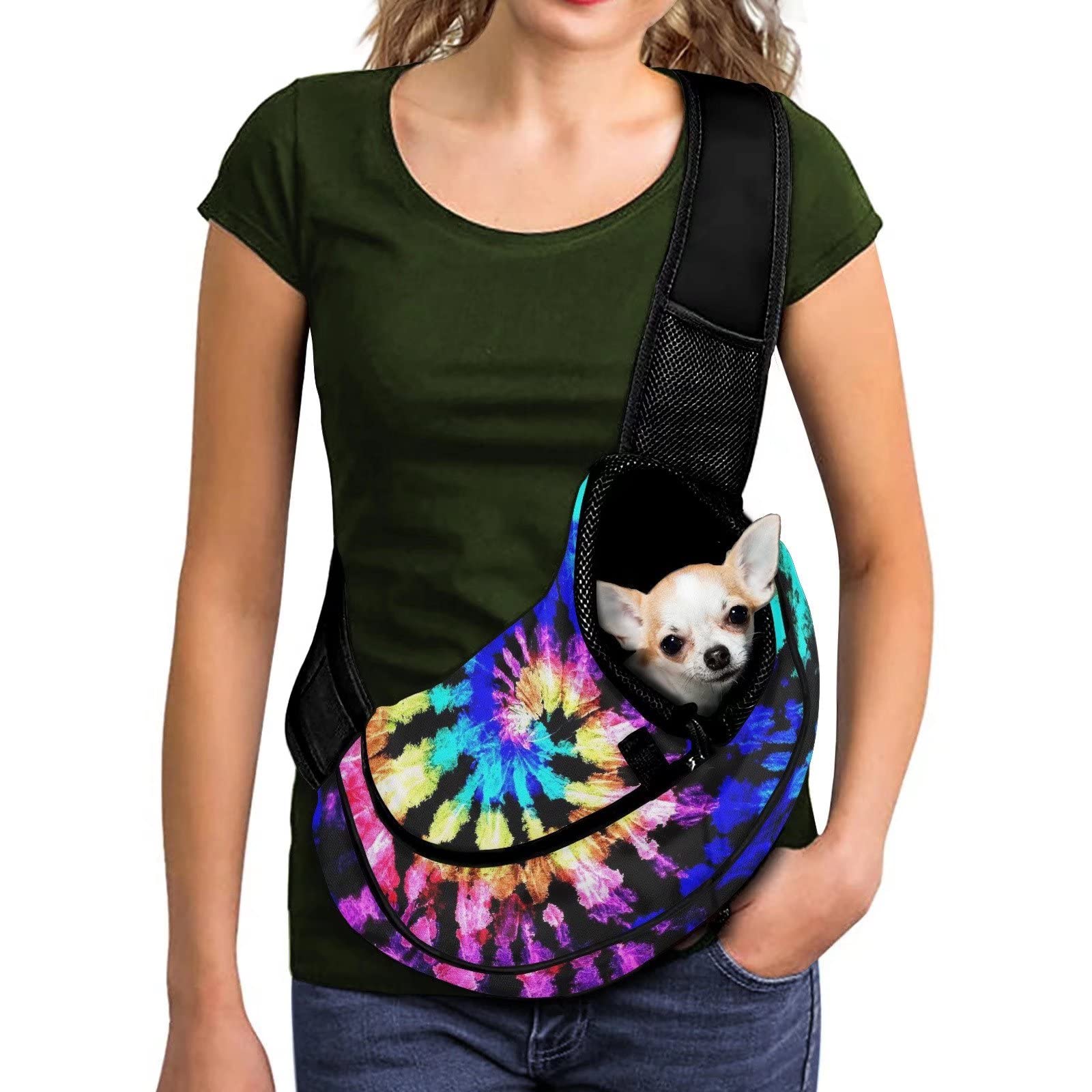 FUSURIRE Tie Dye Pet Carrier Front Bag with Zipper Open and Adjustable Shoulder Strap, Vintage Style Small Dogs Cat Travel Pet Carrier Sling Breathable Mesh Hand Free Design Pet Pack Bag — image 1