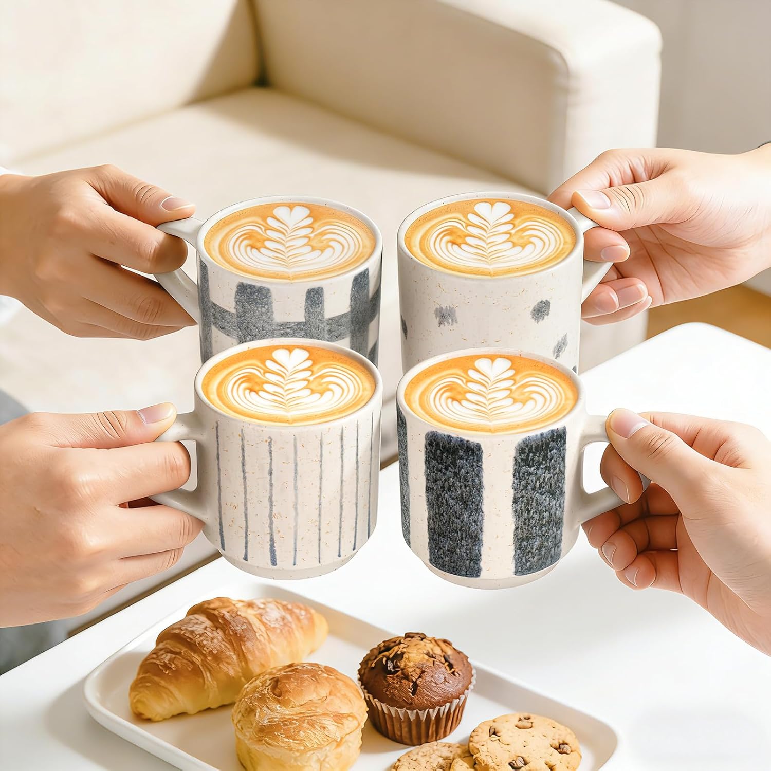 10oz Handmade Porcelain Coffee Mugs Set of 4, Unique Blue and White Artisanal Ceramic Cups, Dishwasher & Microwave Safe, Ideal for Coffee, Tea, Latte, Cappuccino