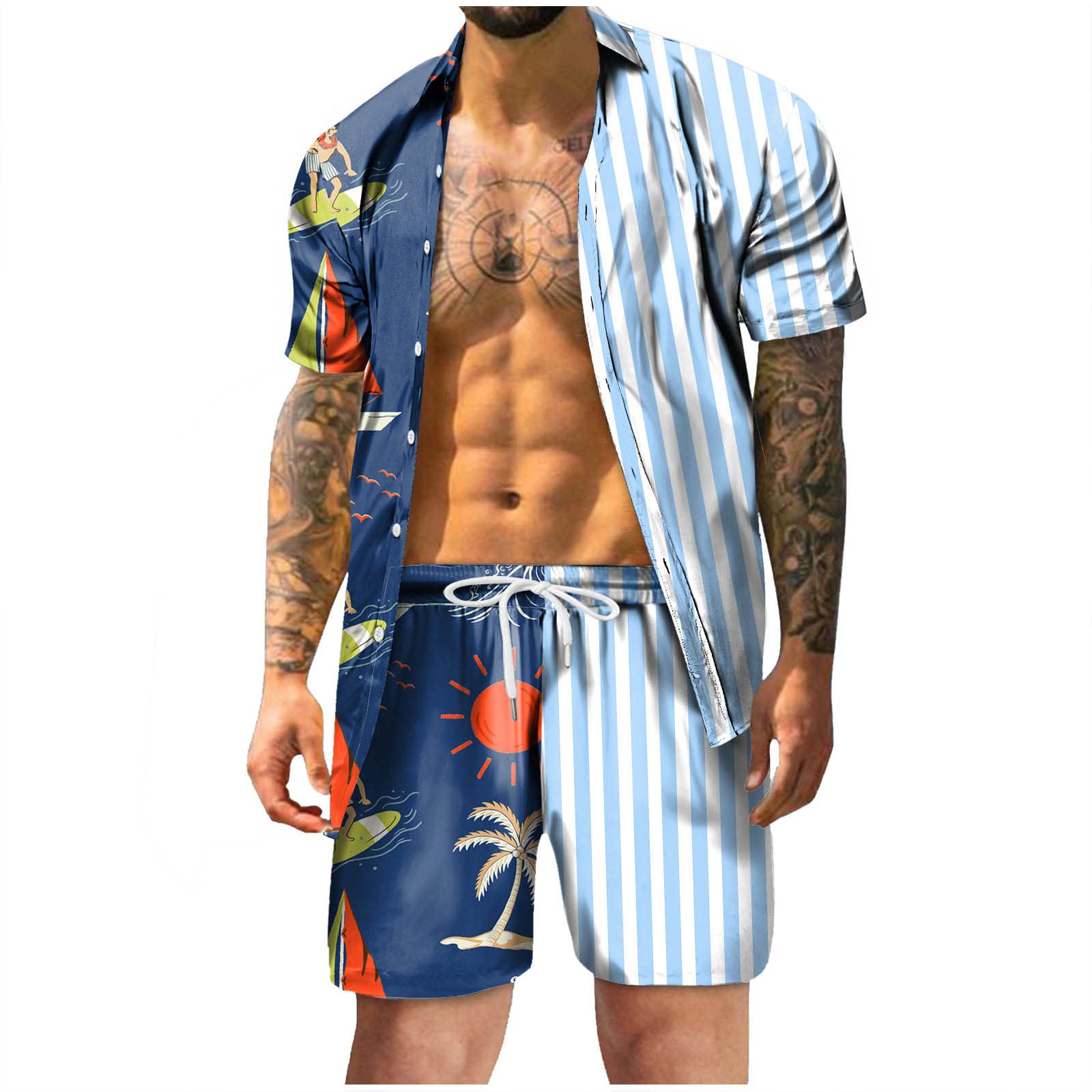 PODOLIXIA Conjunto de 2 vestidos casuales de verano para hombre, de manga corta con botones, camisa hawaiana, pantalones cortos con gráficos impresos en 3D para hombre, de dos piezas, ocio, azul, XL,
