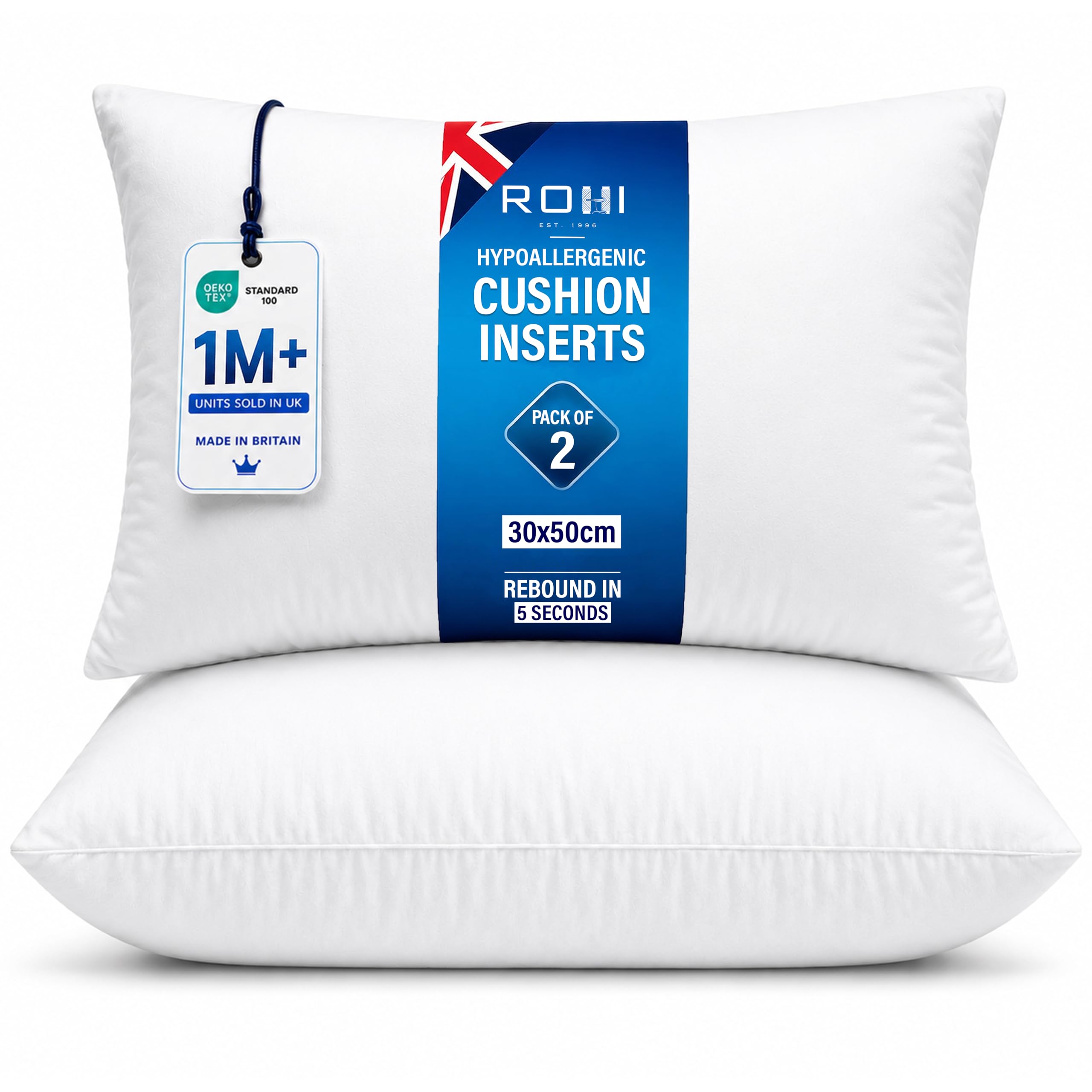 Rohi Set of 2 Hypoallergenic Cushion Inserts 30 x 50cm - White Polyster Cushions - Standard Stuffer Pack of Cushion Inserts 30cm x 50cm (12"x20" | Pack of 2)