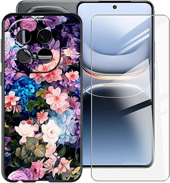Black Soft TPU Bumper Phone Case for Vivo iQOO 13 6.82" with 1 X Tempered Glass Screen Protector, Slim Silicone Shockproof Cover for Vivo iQOO 13 - Flower Wall