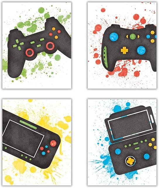 Interesting Video Game Art Prints,Watercolor Typography Cardstock, Funny Gaming Themed Poster,Match Controllers Picture,Artwork For Teen Boy Room,Kid Gamer Playroom Decor(set of 4 8"x 10" Unframed