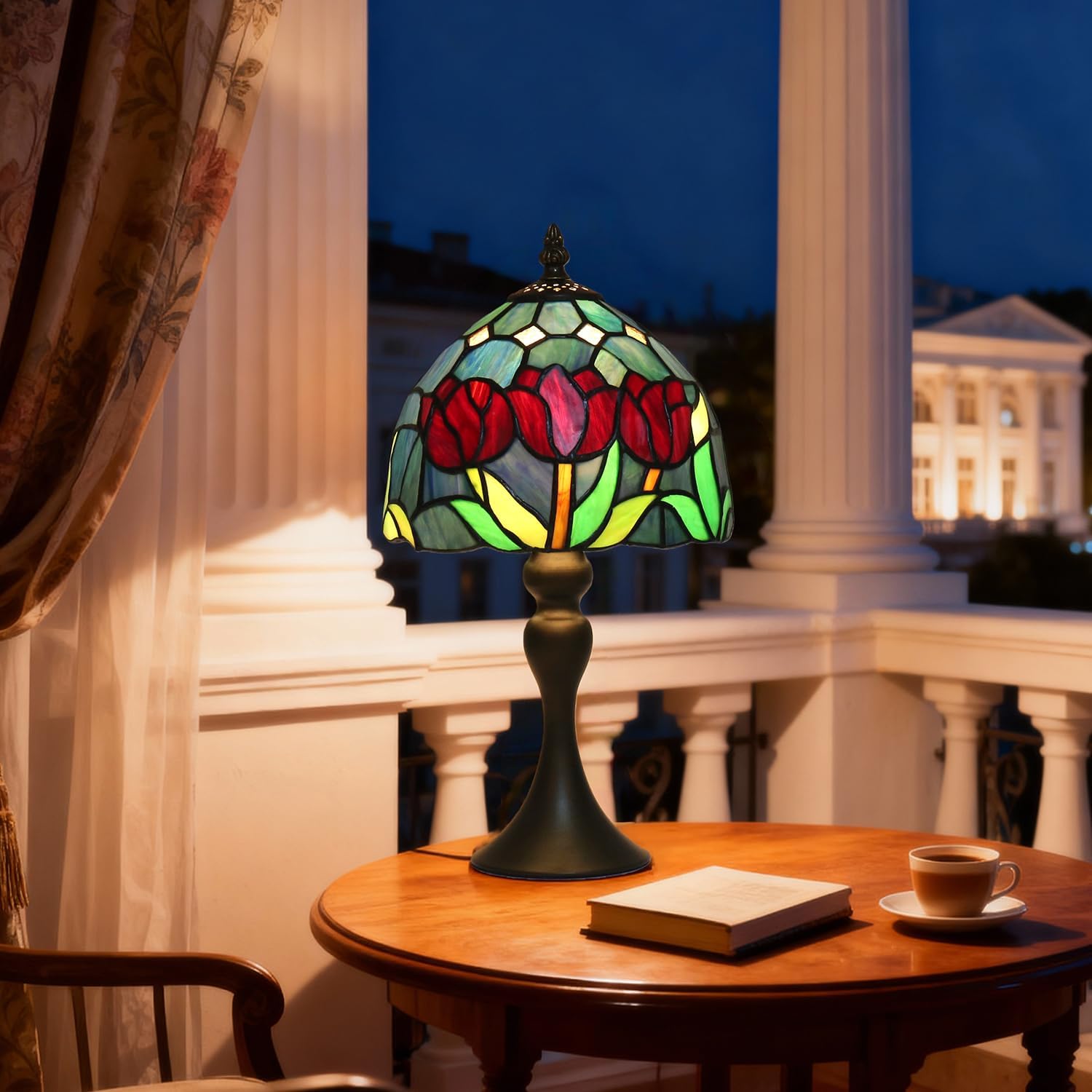 Tiffany Table Lamp,8 Inch Stained Glass Table Lamp,Small Antique Style Lamp,Living Room Bedroom Bedside Nightstand Desk Lamp(Tulip)