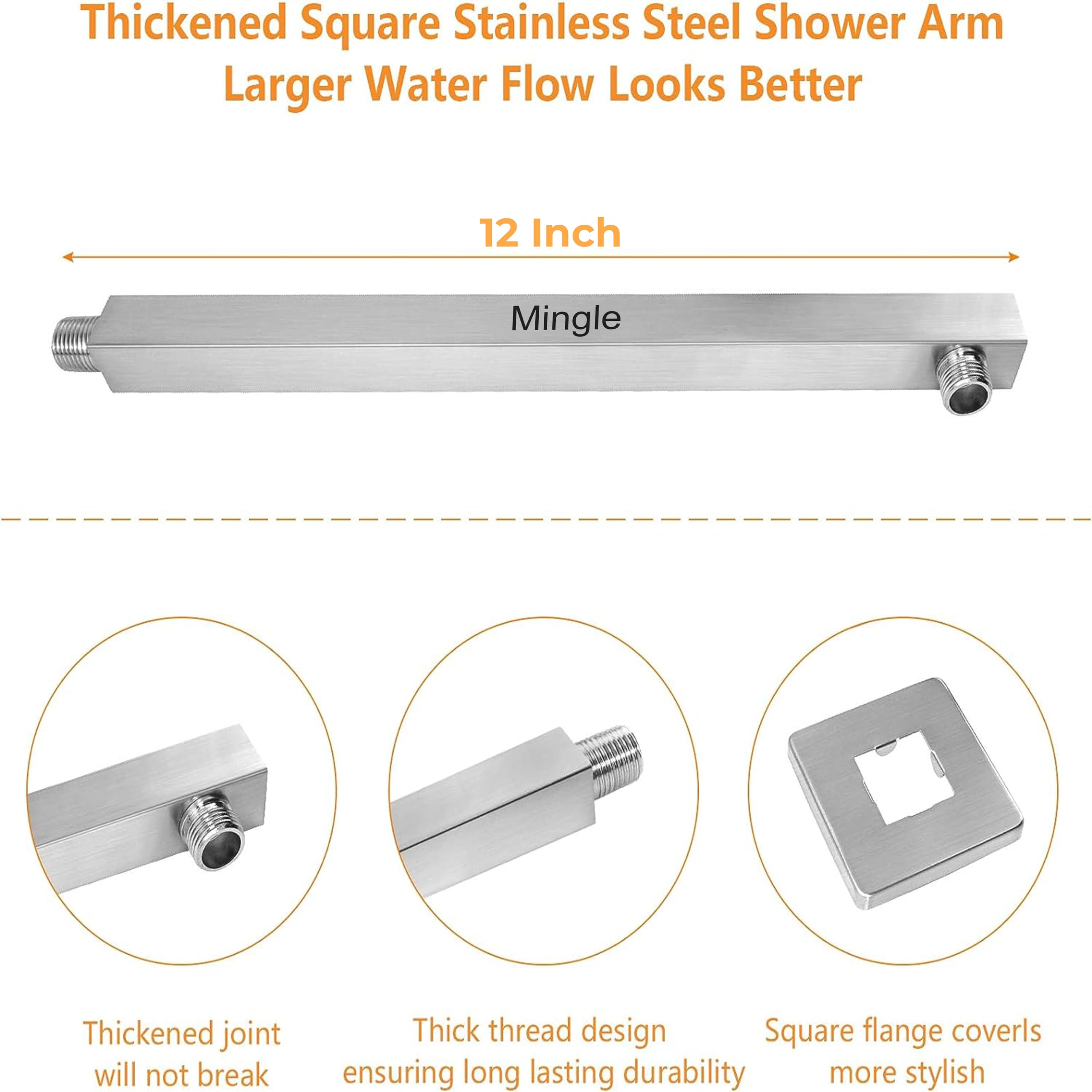 Mingle Mirror Stainless Steel 304 Square Shower Ultra Slim High Pressure Rainfall Shower Head for bathroom With Arm Shower (Pack of 1) (10 INCH + 12 INCH AM + HAND SHOWER) 1