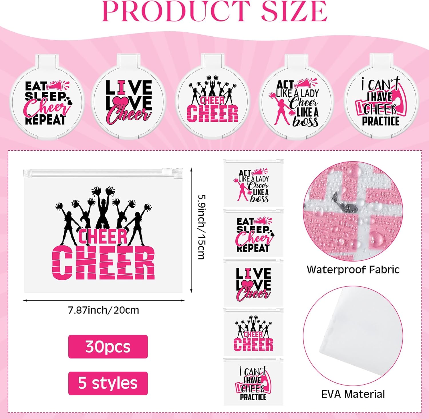 Huquary 121 Pcs Cheerleader Gifts Kit 30 Zipper Portable Cheer Makeup Bag 30 Keychain Wristband Mirror 1 Bag Waterproof Cheer Stickers for Women Girls Cheerleader Teammates