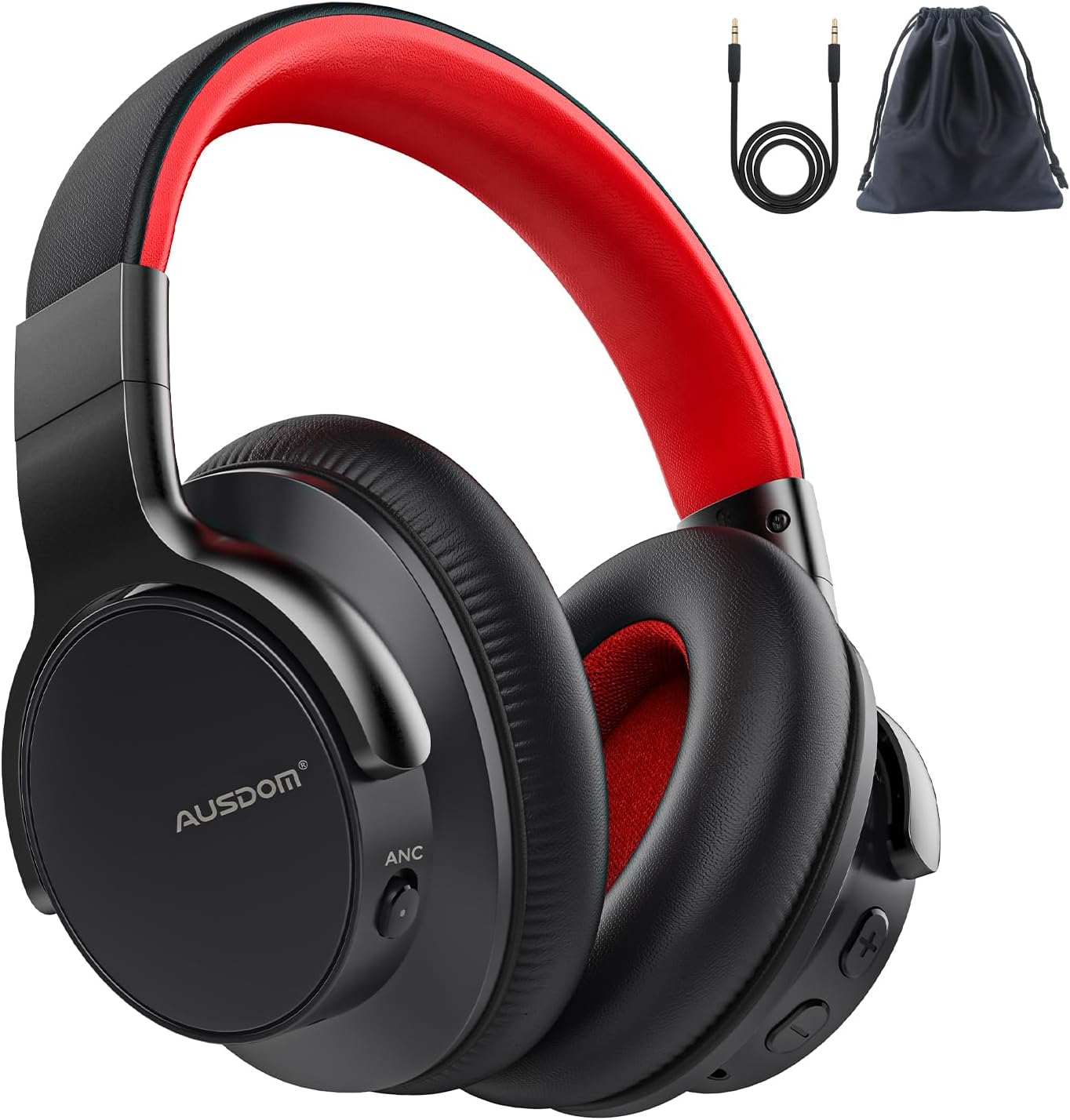 AUSDOM E7 Active Noise Cancelling Headphones: Wireless Bluetooth ANC Over Ear Headphone with Deep Bass, Microphone, 50H Playtime, Hi-Fi Audio, 3.5mm Jack, Fast Charging for Travel/Work (Black Red)