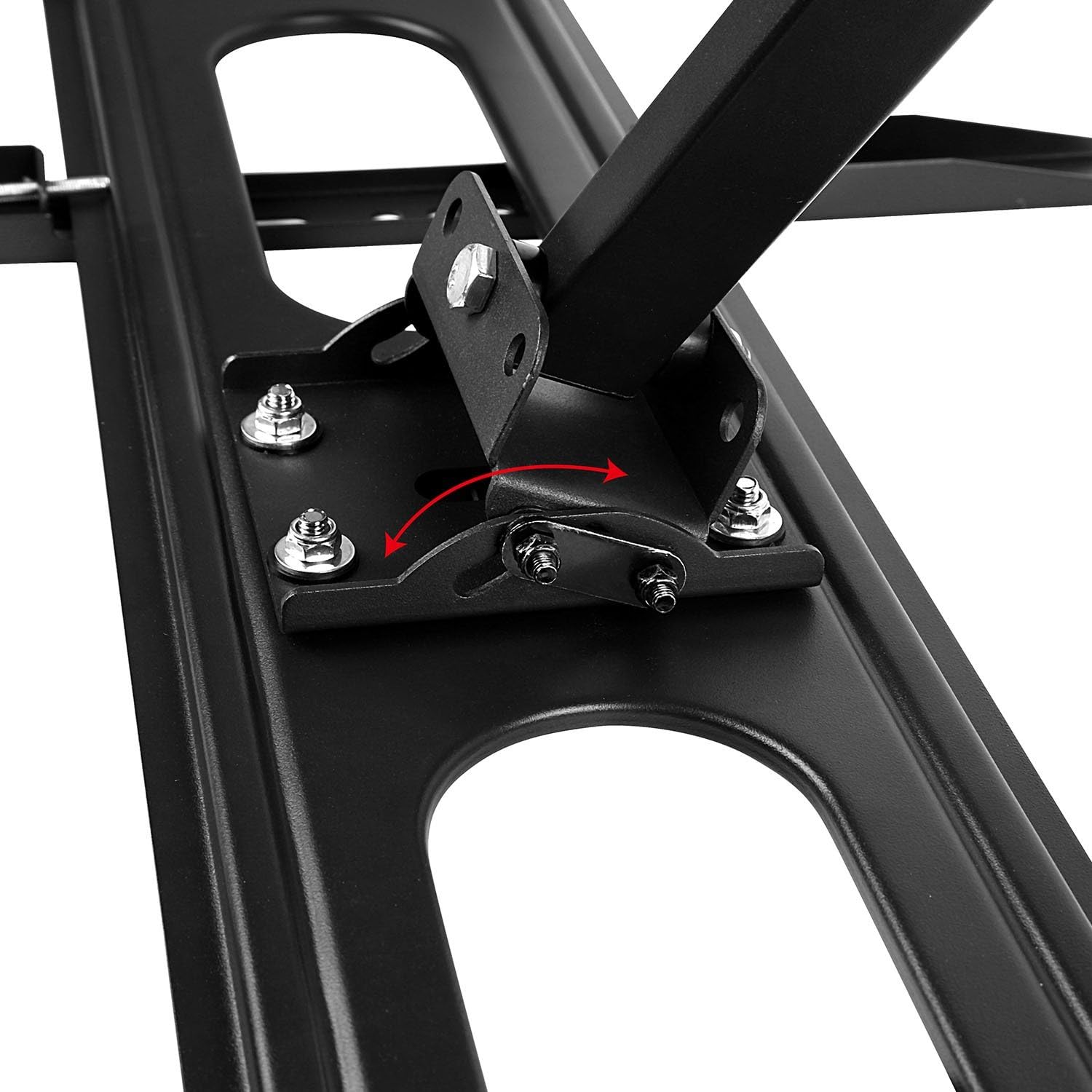 Close-up of the iMounTEK TV mount's tilting mechanism with an arrow indicating tilt adjustment.