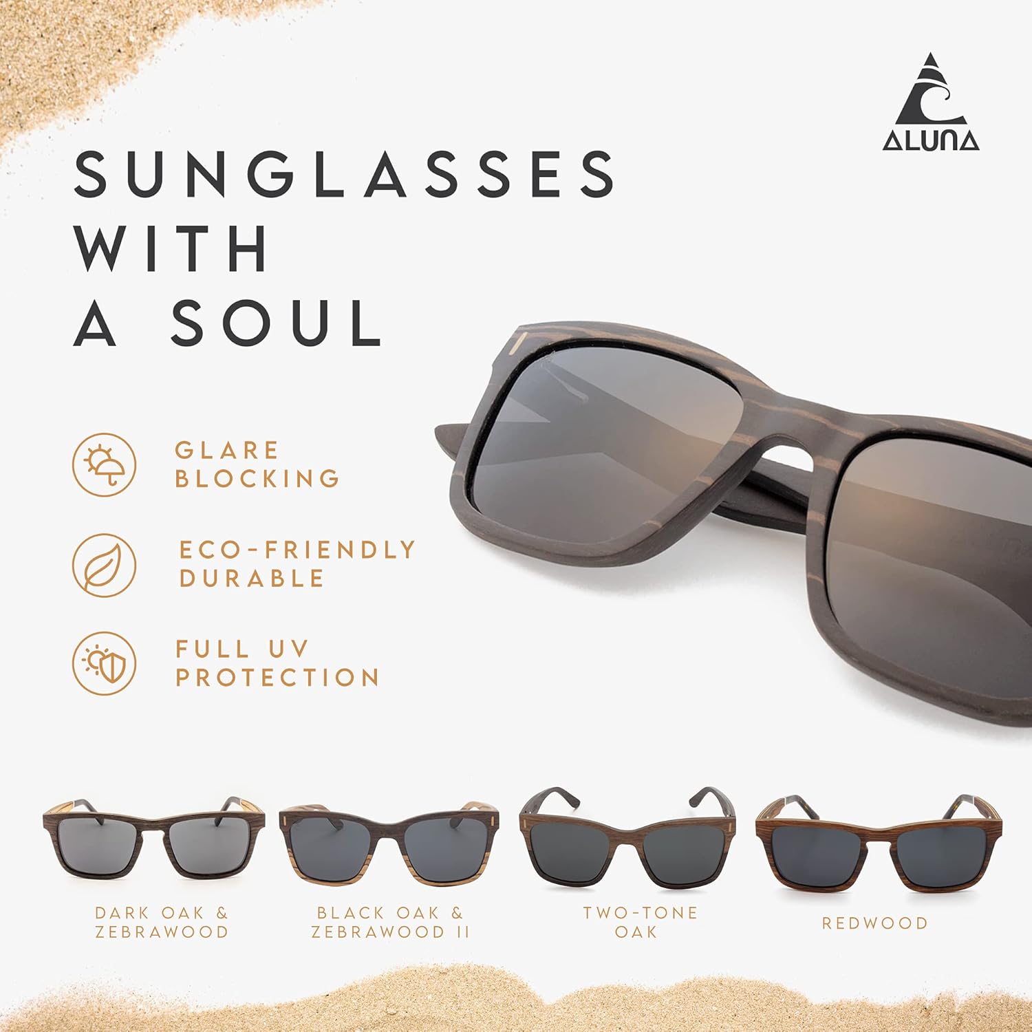 Aluna - Wooden Shades for Women and Men, Lightweight and Cool Sunglasses with HD Polarized Lens, Stylish Retro Sunglasses
