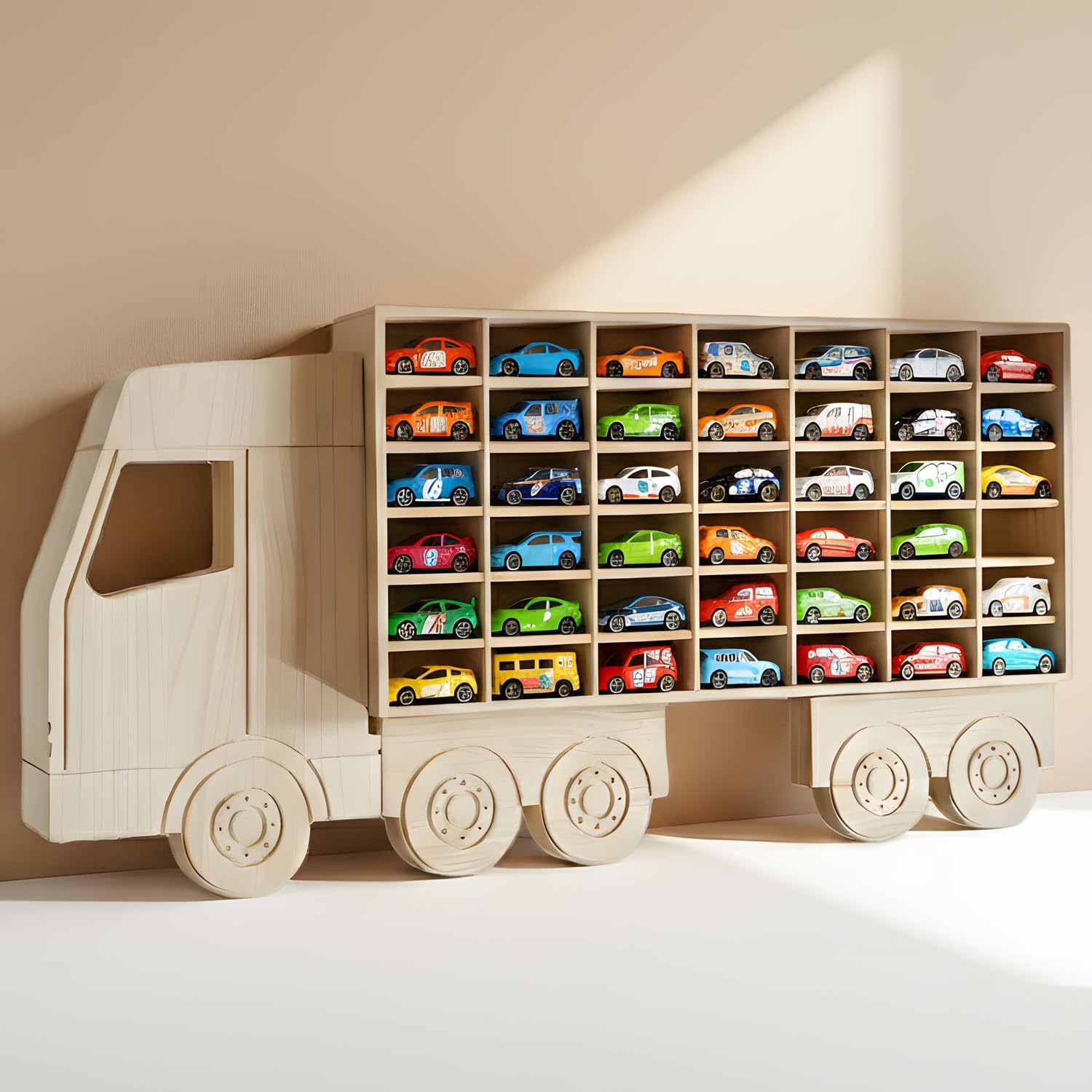 Wood Car Display Shelf, Toy Car Storage Organizer for 1/64 Scale Diecast Cars, Holds 42 Models, Freestanding & Wall-Mounted Rack, Model Car Display Case