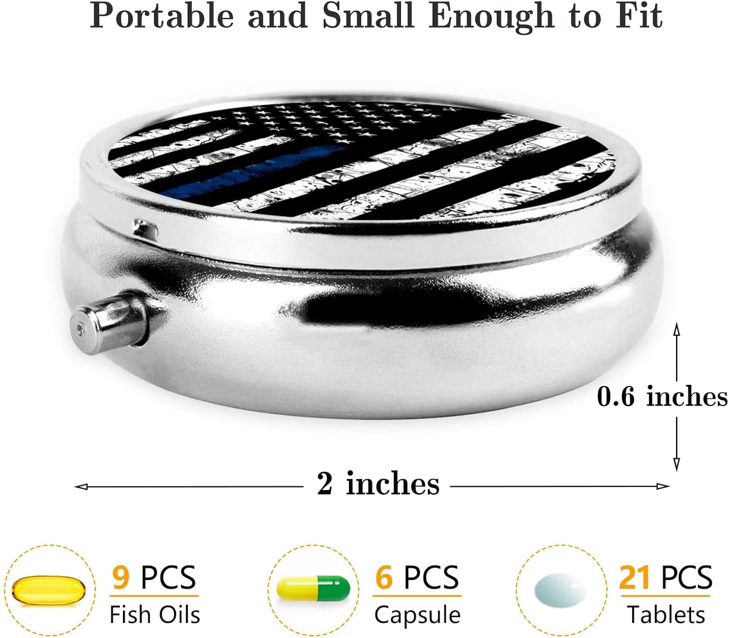 Pill Box, Small Pill Organizer with 3 Compartments and Mirror, Cute Round Portable Travel Metal Pill Case for Pocket or Purse, Privacy-Protecting Medicine Box-Black Blue Tree Leaves American Flag image 3