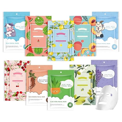 10 Sheets Face Masks Skincare for All Skin Types, Hydrating Face Masks Suitable for Sensitive Skin, Bulk Facial Masks for Women Skin Care, Soothe Face Mask for Spa Party