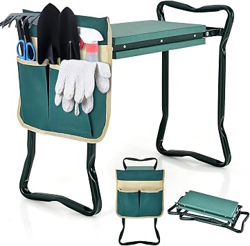 COSTWAY Folding Garden Kneeler and Seat, 2-in-1 Portable Kneeling Stool with 1/2 Tool Pouches and EVA Foam Pad, Gardening Bench Chair for Seniors 20cm Width Pad, 1 Pouch