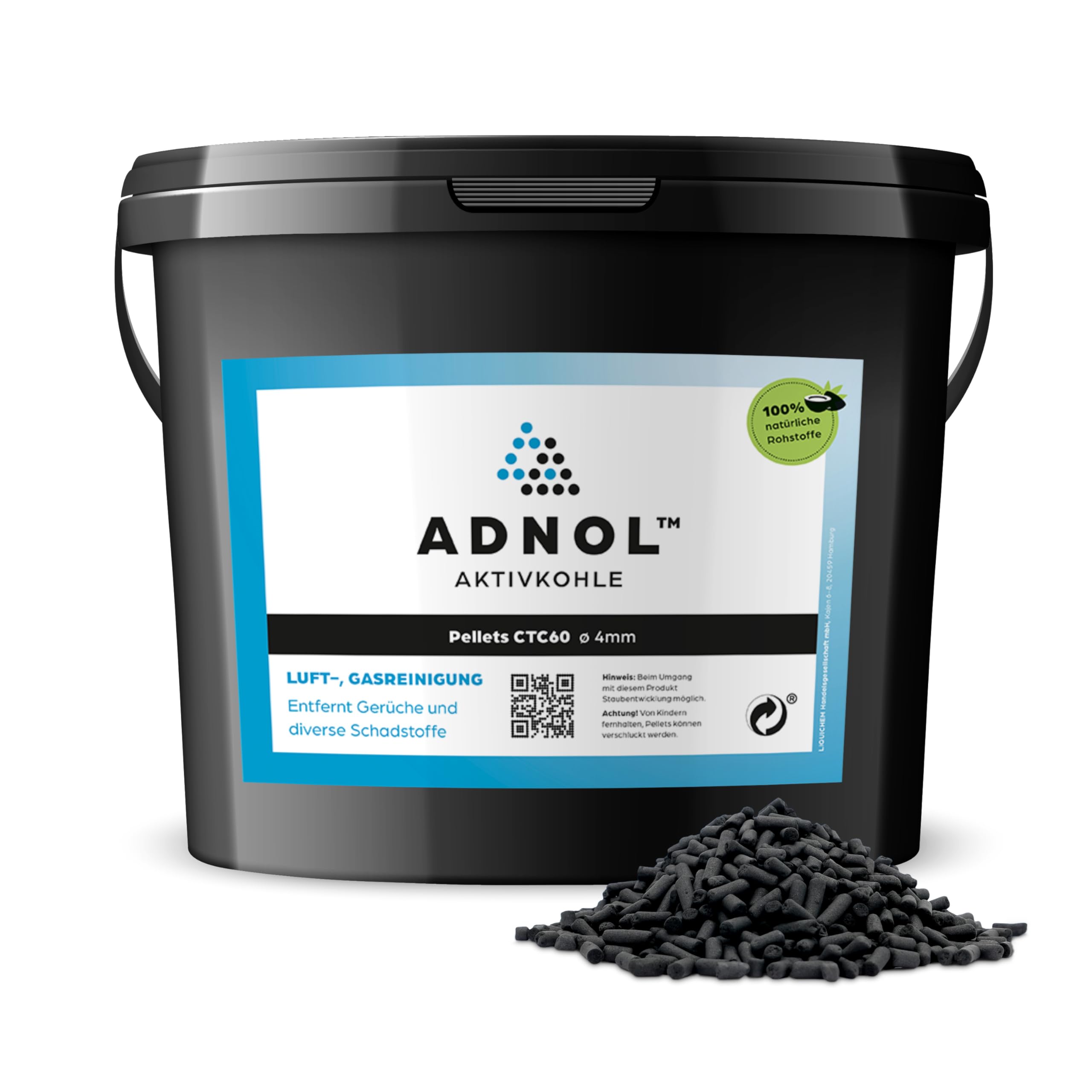 ADNOL® Aktivkohle Pellets 3 Liter aus Kokosnussschalen für Luftreinigung sowie Gasreinigung z.B. für Dunstabzugshauben, CTC60, Durchmesser 4mm, Energieklasse A, als Carbon Filter verwendbar