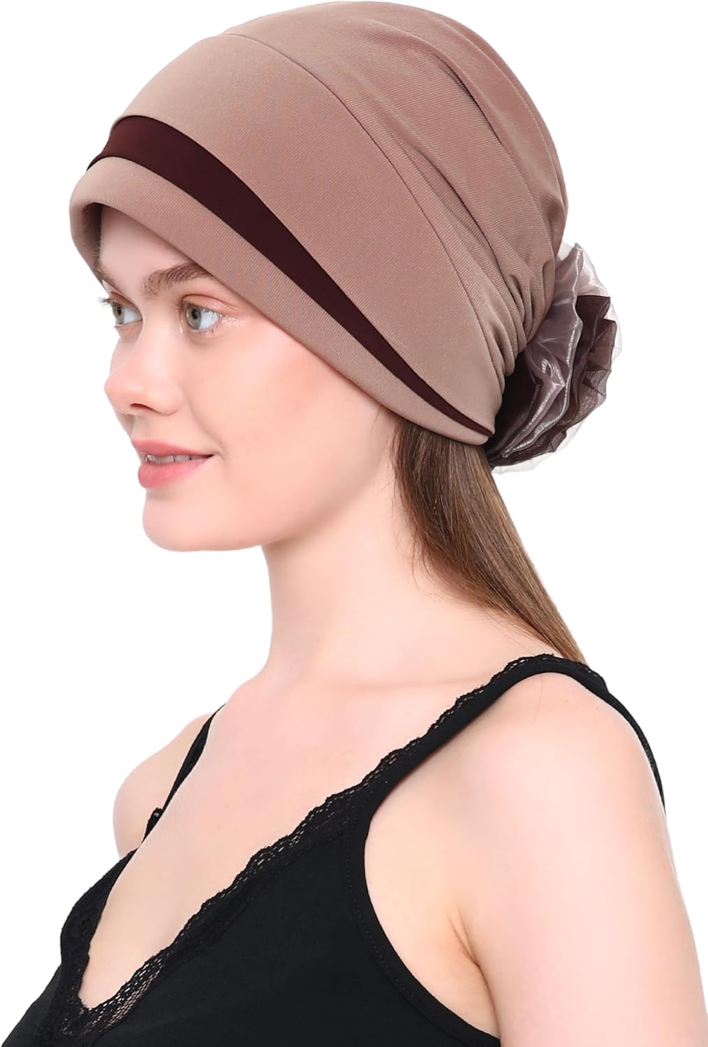 Women's Padded Front Stylish Headwear for Chemo, Hair Loss, Alopecia with Chic Organza Flower Detail