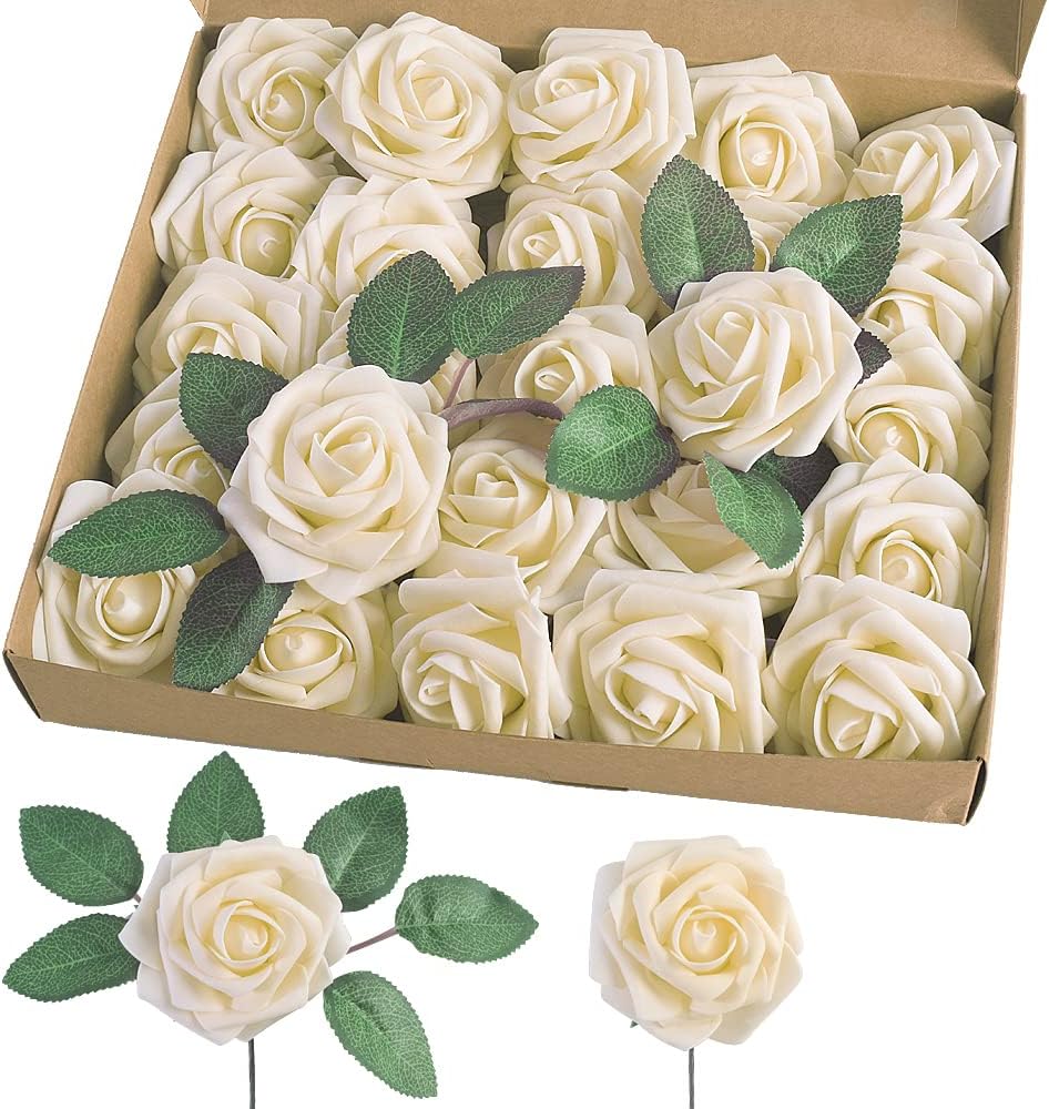 Ling's Moment Artificial Flowers 25pcs Real Looking Cream
