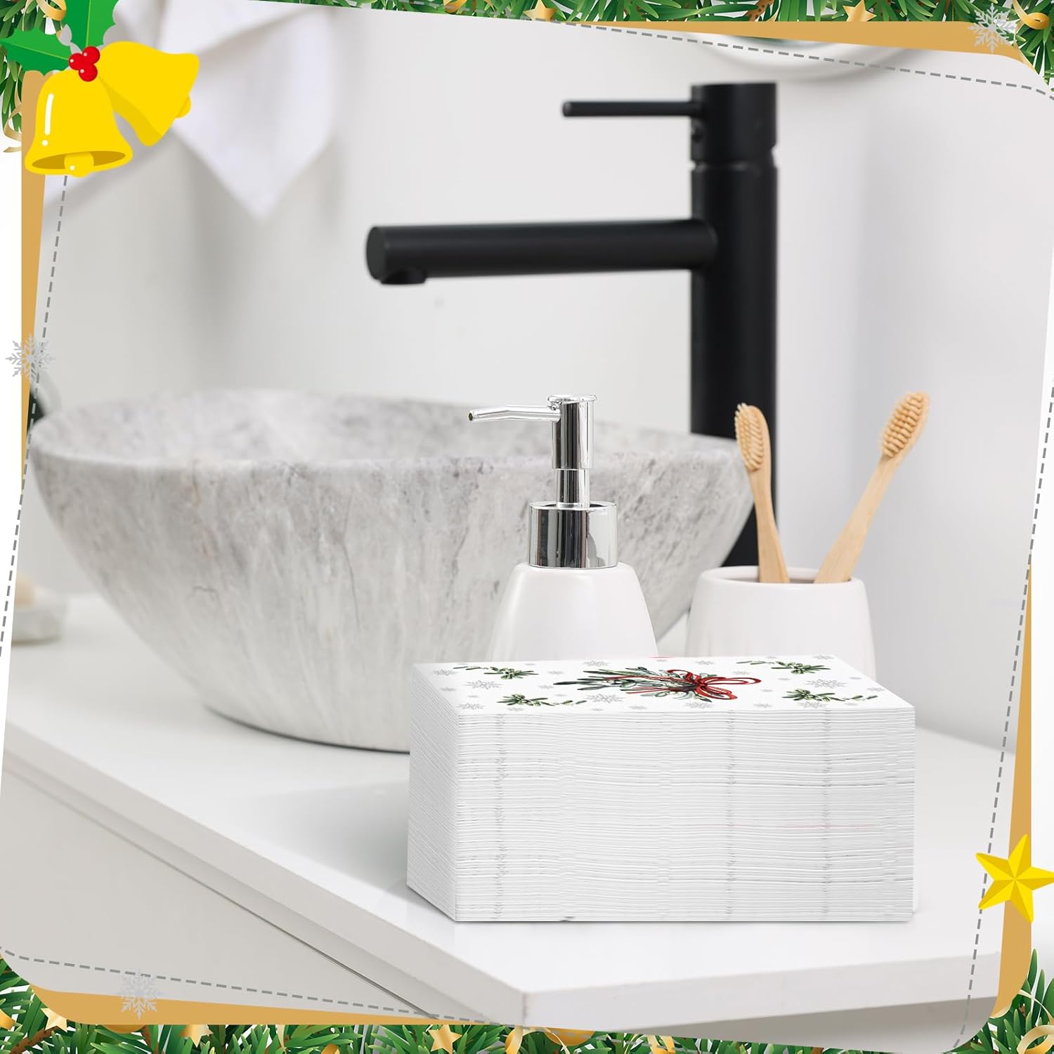 Janlaugh 100 Pcs Chriatmas Mistletoe 3 Ply Disposable Napkins Hand Towels for Bathroom Paper Napkins Guest Decorative Paper Hand Towels for Bathroom Christmas Wedding Dinning Decor