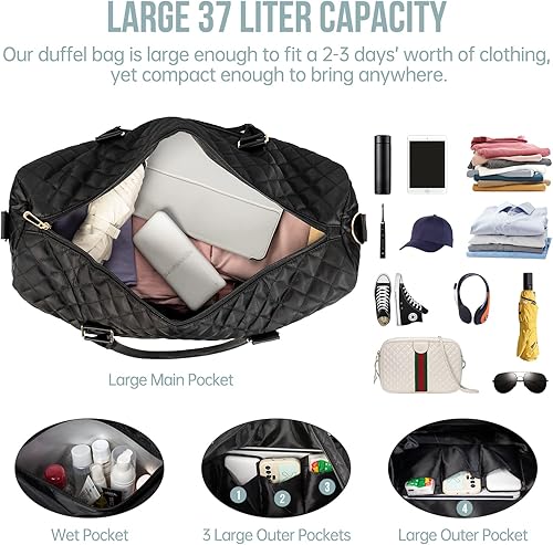 Miniatura 4 de Bolsas de lona para viajes, bolsa de fin de semana para mujer con bolsa de aseo personal, bolsa de viaje para mujer, bolsa de noche con bolsillo