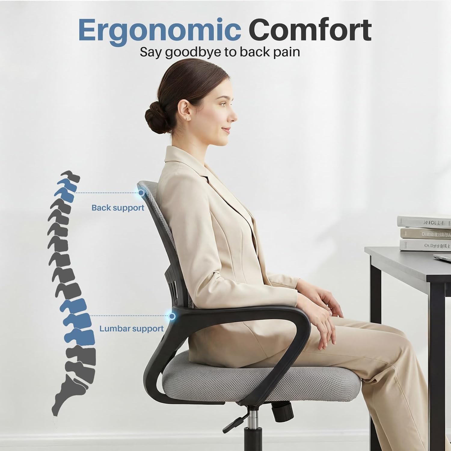 DUMOS Home Office Chair - Ergonomic Mid Back Mesh Desk Chair with Lumbar Support & Rocking Mode, Height Adjustable, Fixed Armrest, for Conference, Computer, 360° Swivel, Adults, Grey