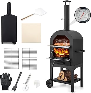 GYMAX Four à Pizza Extérieur 162cm à Bois ou à Pellet, Cuisson Facile avec Thermomètre, Pierre à Pizza, Grilles, Pelle, Accessoires Complets, pour Camping, Fêtes, Barbecues