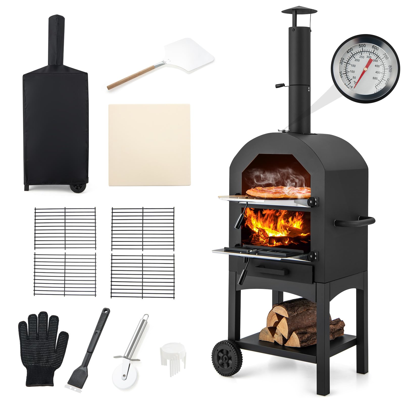 GYMAX Four à Pizza Extérieur 162cm à Bois ou à Pellet, Cuisson Facile avec Thermomètre, Pierre à Pizza, Grilles, Pelle, Accessoires Complets, pour Camping, Fêtes, Barbecues