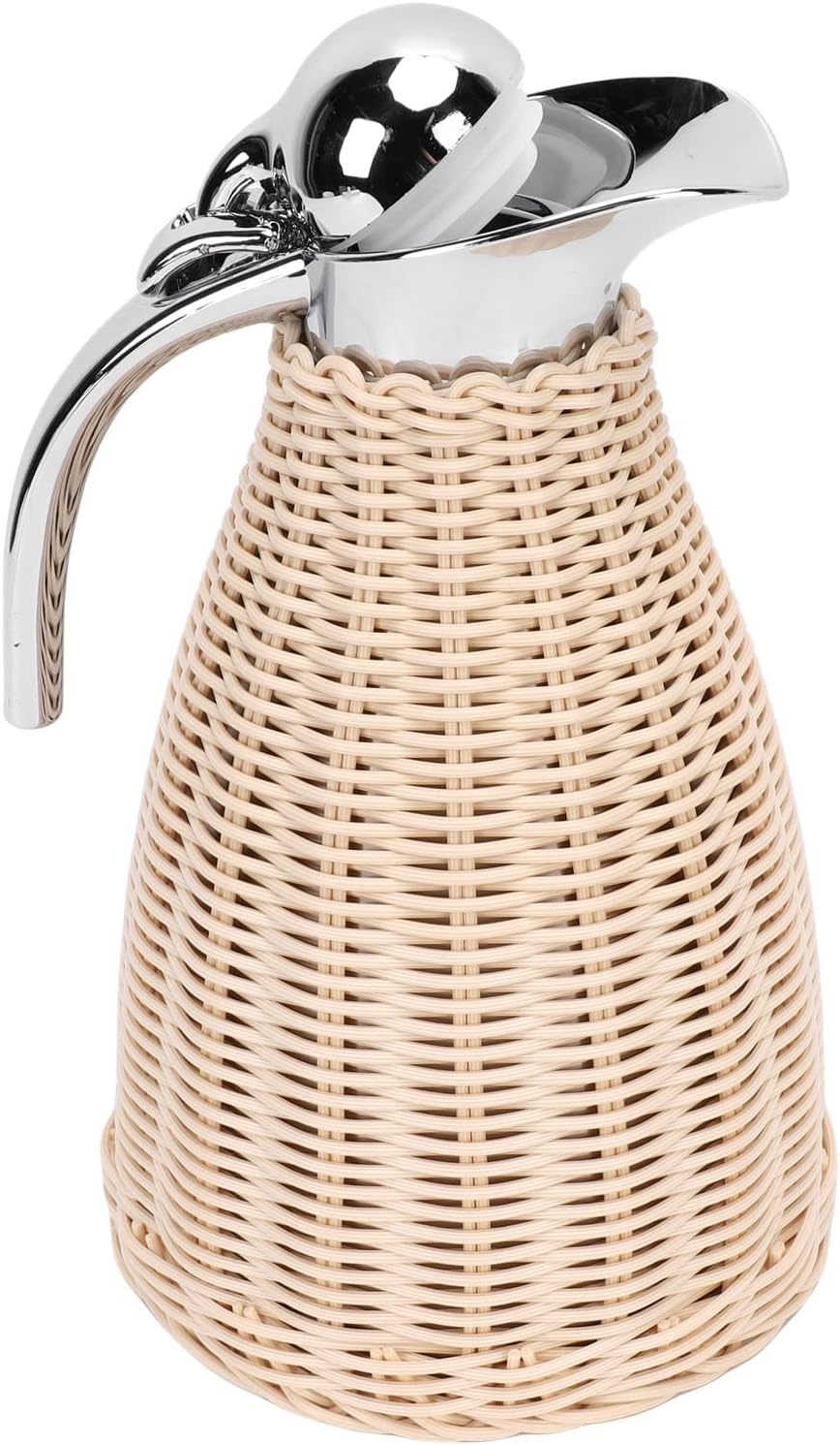 Hilitand 1.5L Stainless Steel Thermal Coffee Carafe Insulated Coffee Pitcher Vacuum Jug with Woven Rattan Design for Hot and Cold Beverages (Beige)
