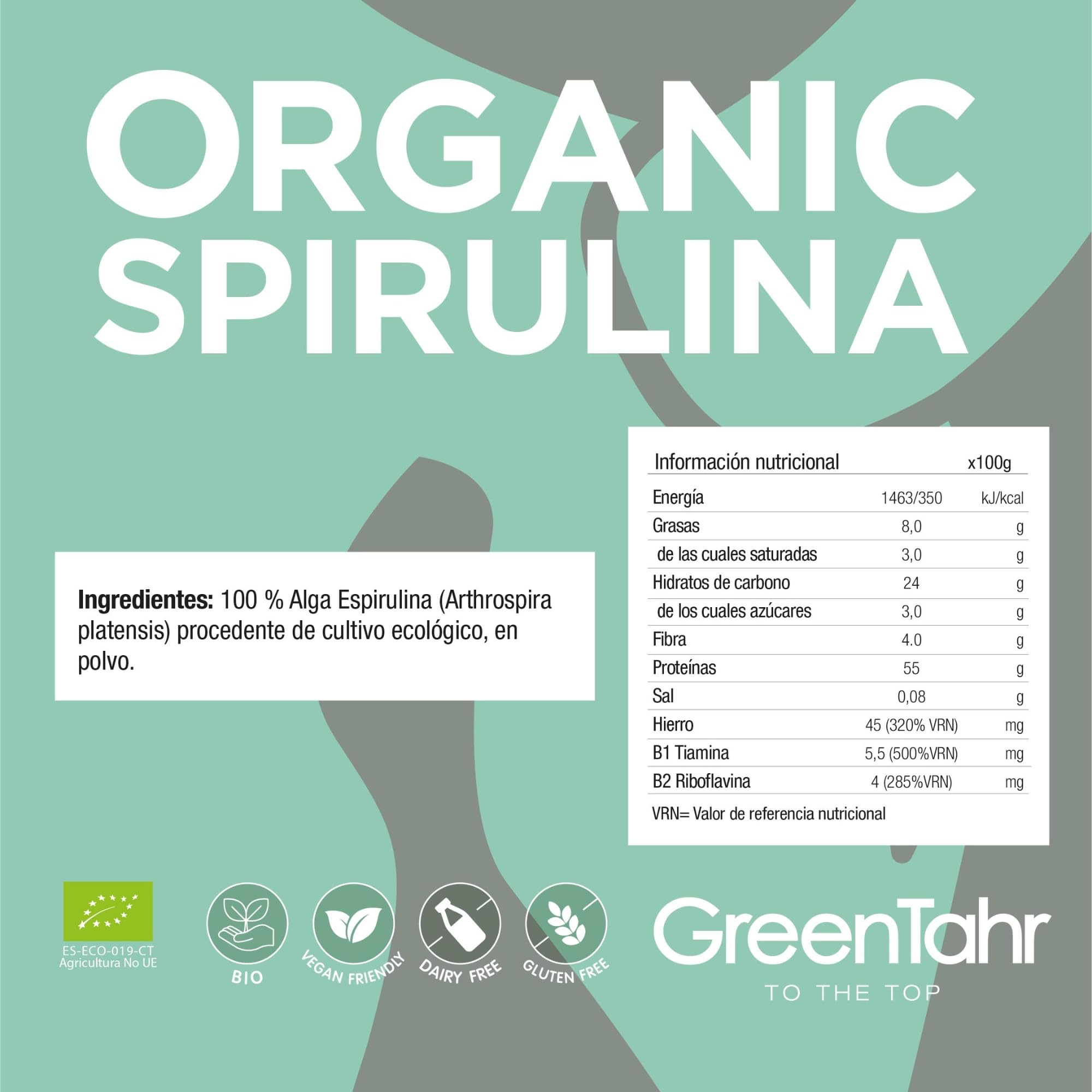 Green Tahr Espirulina en Polvo Ecológica 750g, 100% Alga Spirulina Apta para Veganos, Sin Gluten, Sin Aditivos, Alto Contenido en Proteínas 55%