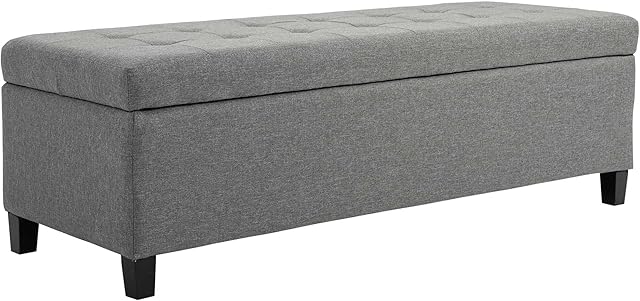 HOMCOM Linen Storage Ottoman, End of Bed Bench, Padded Footrest Seat w/Tufting Hinged Lid Wood Frame 129.5L x 48.2W x 40.2H cm Grey