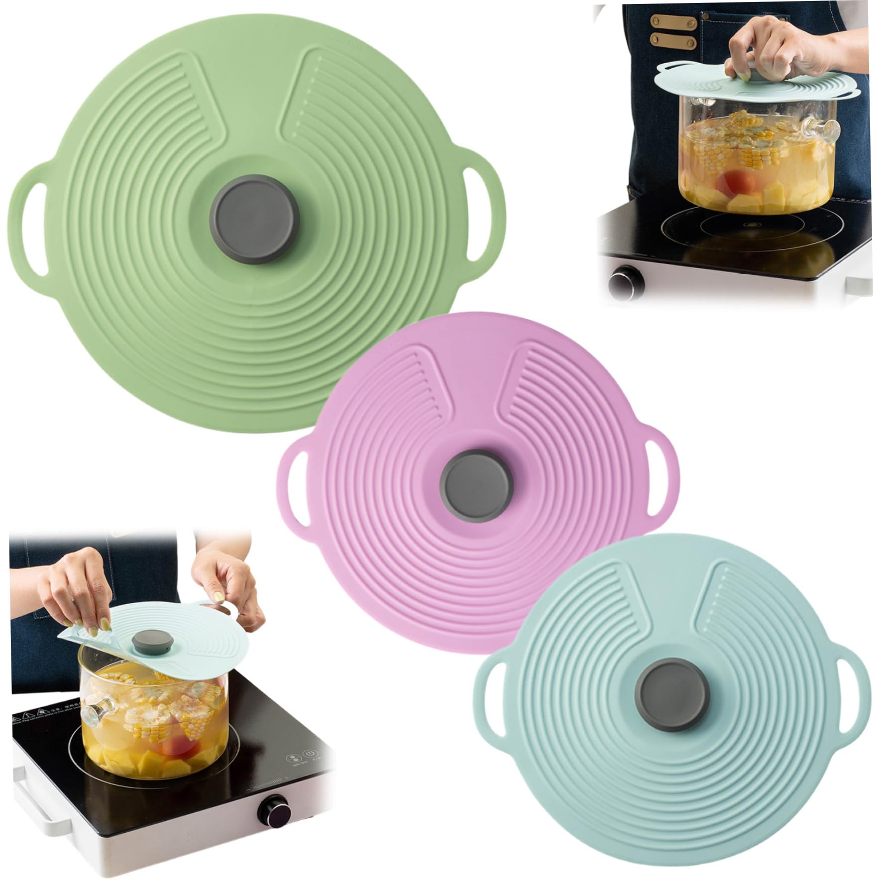 Xweptuy Silicone Lids for Pots & Pans 3Pcs 12.4/9.1/7.9'' Silicone Pot Lids Food Bowl Covers with Handle Reusable Suction Seal Covers for Bowls, Pots, Cups