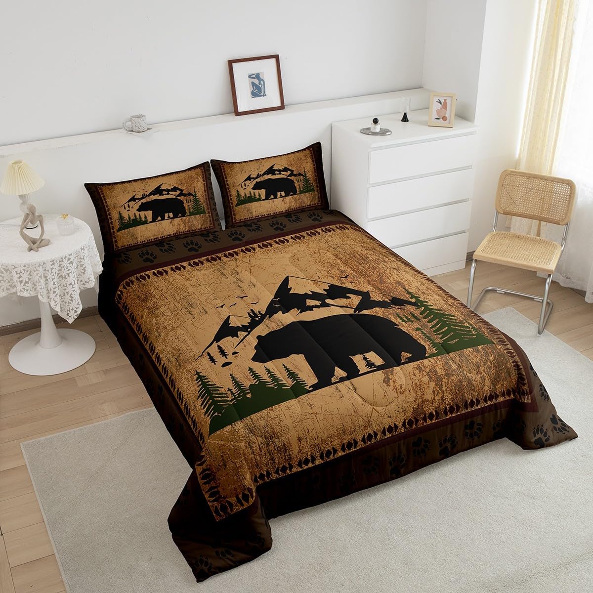 Feelyou Bear Farmhouse Western Bedding Set Wild Animal Comforter Set Rustic Cabin Comforter for Women Men Room Decor Wild Animal Duvet Set Queen Size with 2 Pillow Case