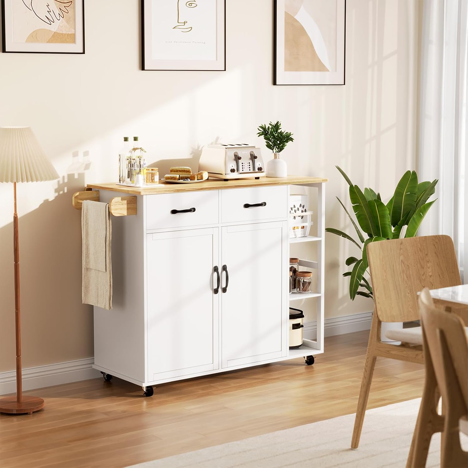 GarveeHome Kitchen Island Cart with Rolling Design, Drop Leaf, 2 Storage Cabinets, 2 Drawers, 3-Tier Spice Racks, and Towel Holder for Home Dining Room