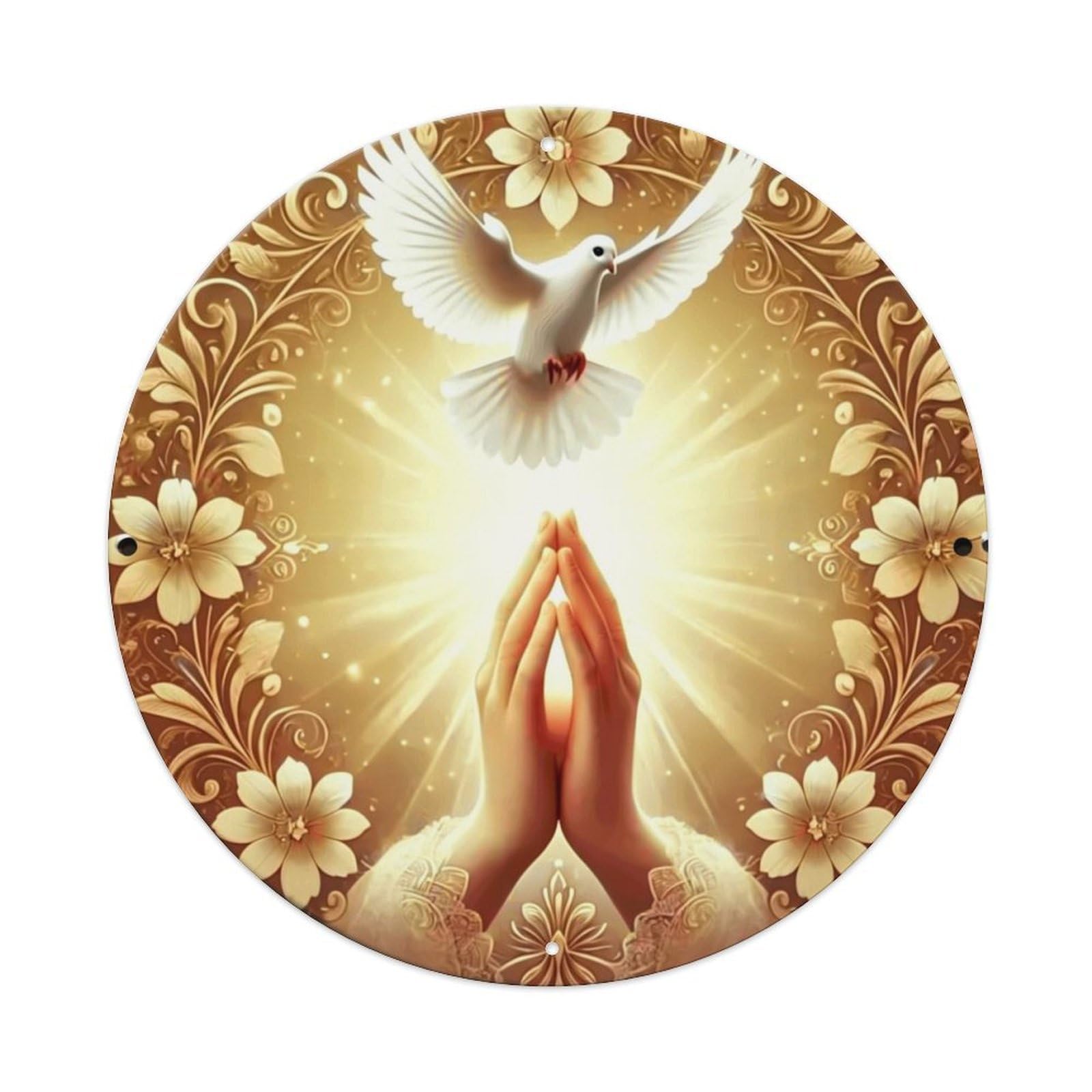Golden Floral Dove Prayer Light Retro Metal Sign Round Tin Sign, Vintage Decor Art Poster for Bar, Home, Man Cave, Kitchen, Laundry Room Gift 8x8Inch