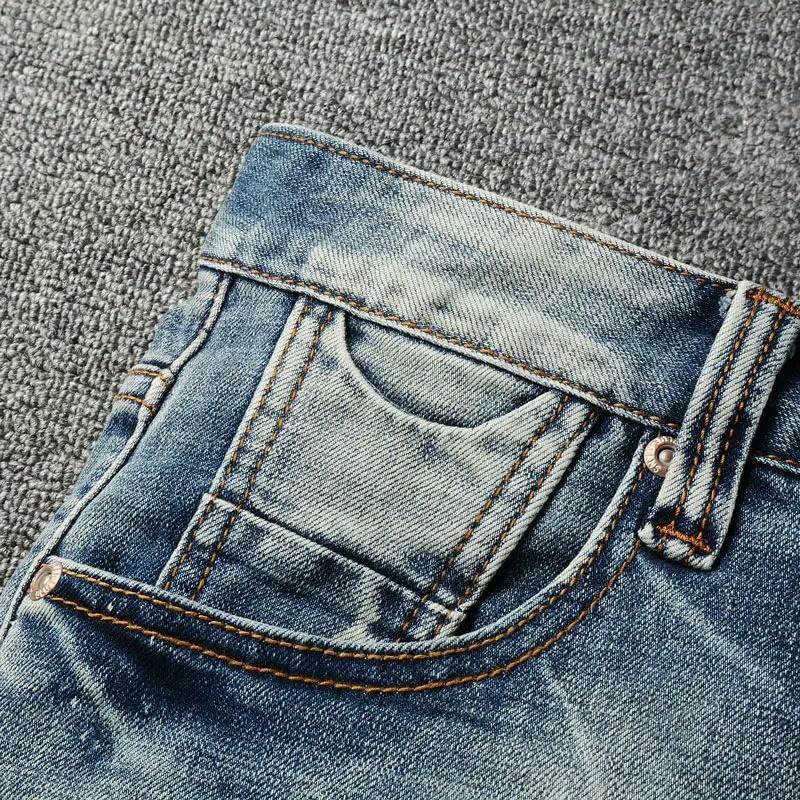 Street Designer Mens Jeans Retro Blue Stretch Slim Fit Patched Ripped Jeans Men Painted Vintage Denim Pants ​​Trousers3
