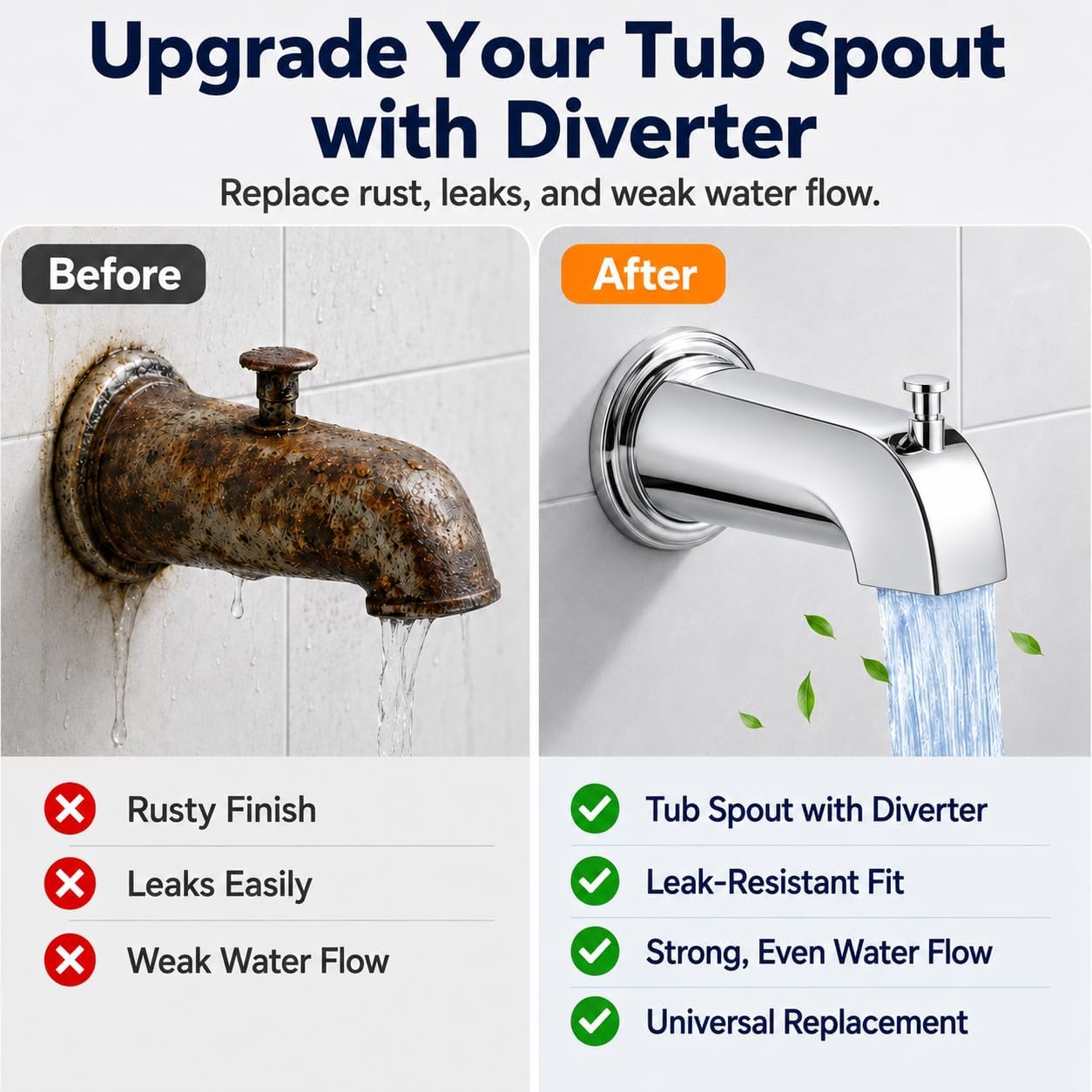 Tub Spout with Diverter, Universal Bathtub Spout Replacement Kit, Fits 1/2" Slip-Fit Copper Pipe & 1/2"/3/4" IPS Thread Connections, Chrome Metal with Adapters, PTFE Tape and Hex Wrench