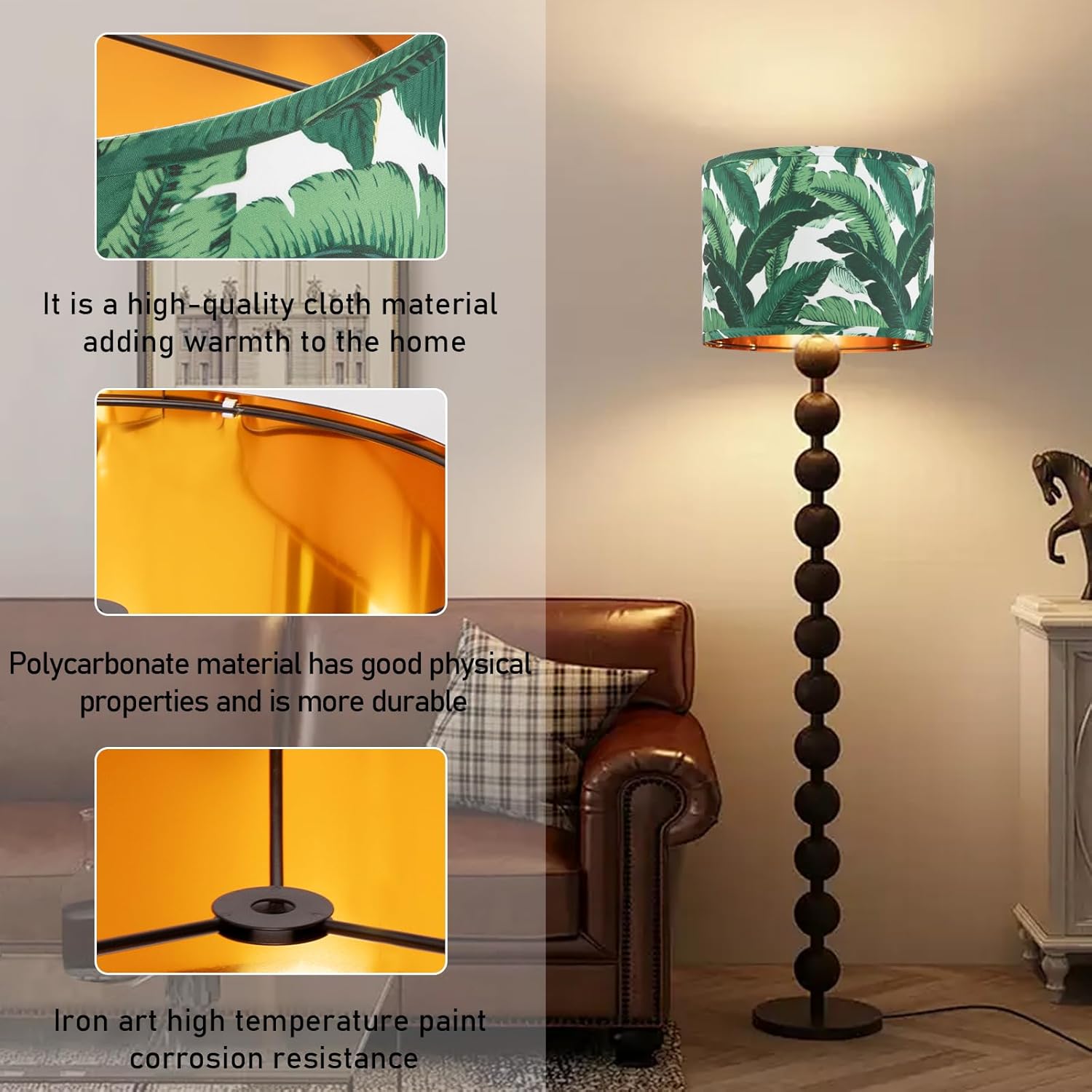 12-Inch Tropical Leaf Floral Lamp Shade Set of 2 | Medium Gold Drum Replacement Shades for Table/Floor/Wall Lamps | Harp Holder Included, Easy Assembly