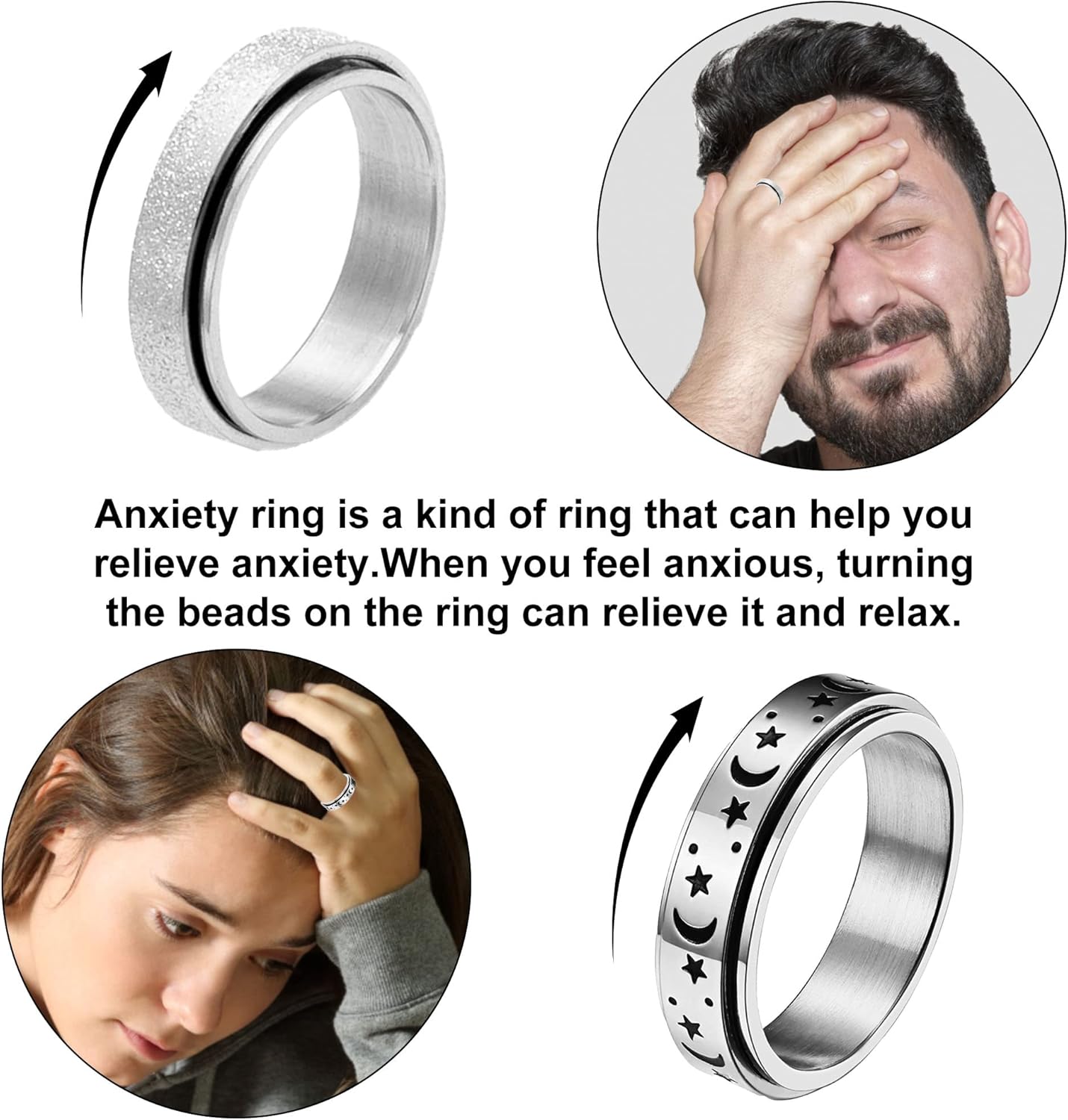 Miniatura 2 de Fidget Rings for Anxiety for Women,Stainless Steel Spinner Ring Set for Women and Men,Anti Anxiety Ring, Stress Relieving Spinning Rings