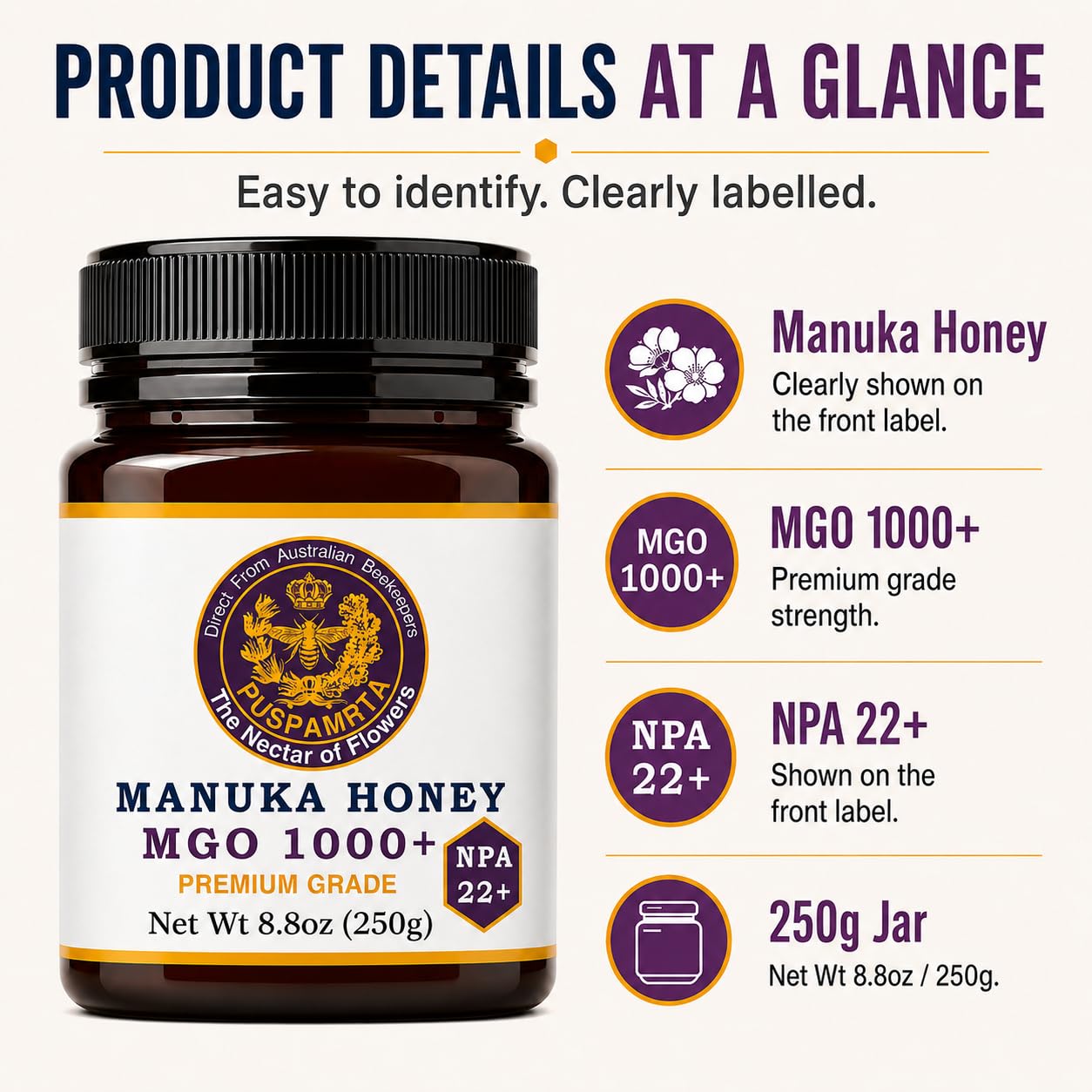 Puspamrta Australischer Manuka Rohhonig MGO 1000+ NPA 22+ 250g | MGO 1000+ NPA 22+ Australian Manuka honey, 250g jar for tea, toast, breakfast and pantry use