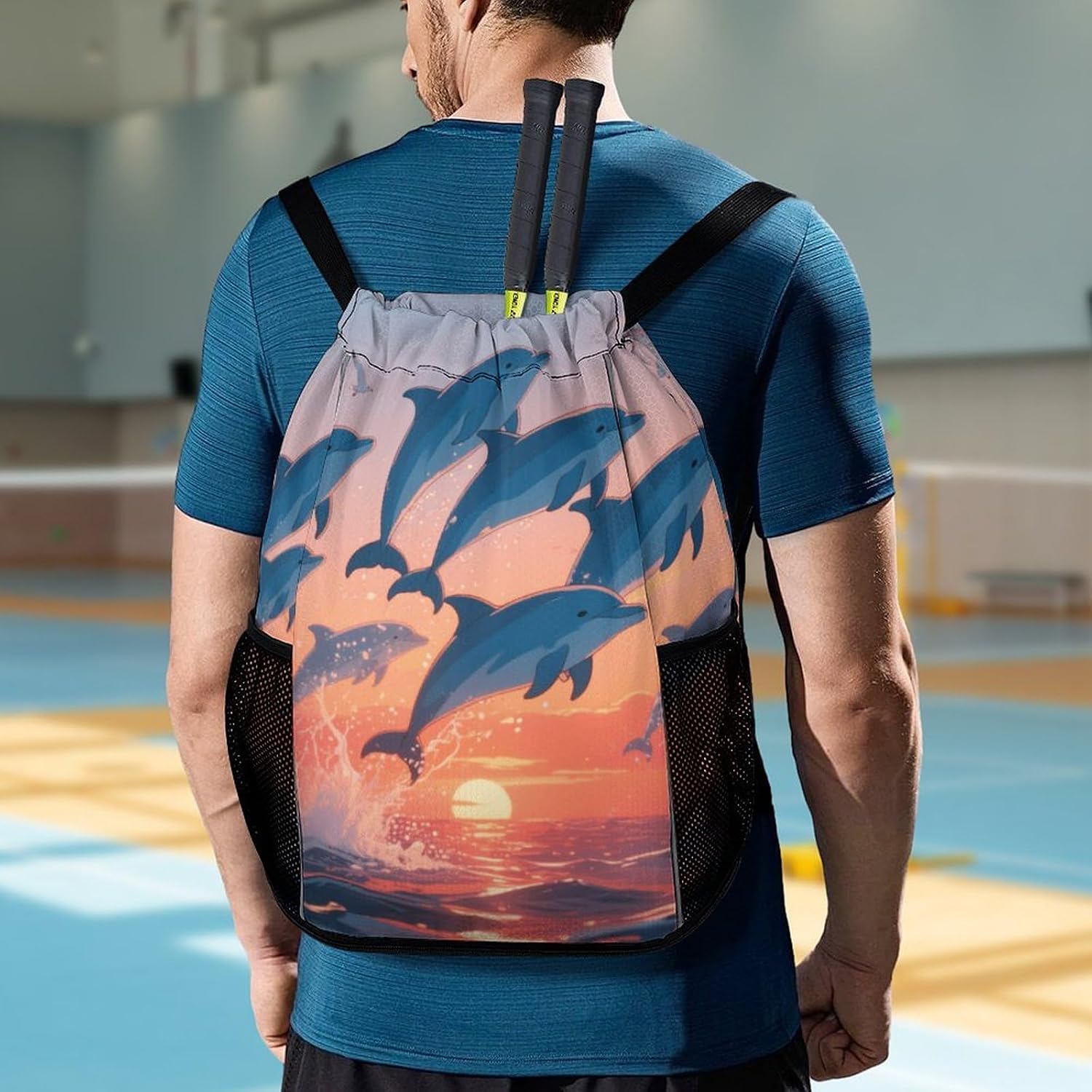 Small Gym Bag Blue Dolphin Printed Drawstring Gym Bag for Men Lightweight Waterproof Drawstring Backpack for Women with Shoe Compartment for Travel Tourism Work And Fitness