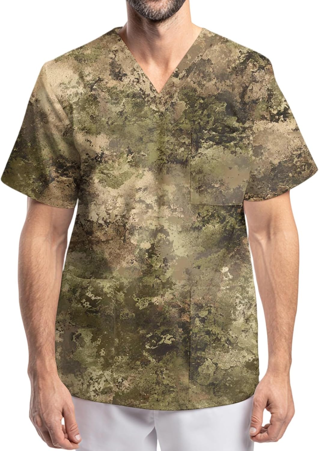 Men's Camo Scrubs Shirts V-Neck Short Sleeve Spring Summer Work Scrub Top with Pockets