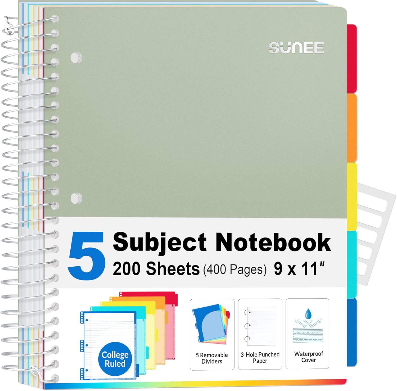 SUNEE 5 Subject Notebook College Ruled – 200 sheets (400 Pages), 9″x11″, 5 Pocket Colored Dividers, 3-Hole Punched Paper, Sage Green