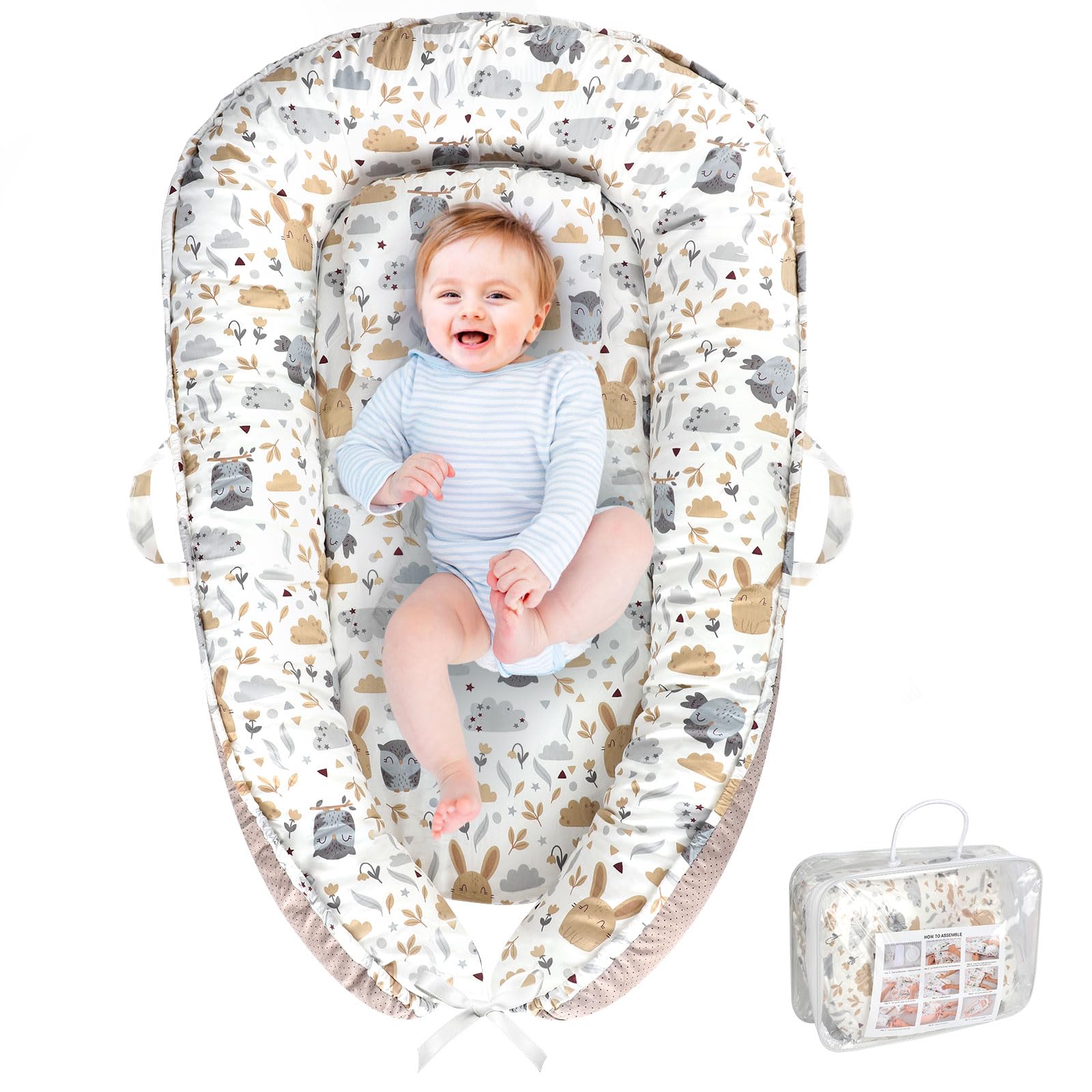 Baby Lounger, Portable Baby Lounger for Newborn 0–24 Months, Infant Nest for Travel, Floor Time, and Crib Use, Baby Essentials for Home (Hoot)