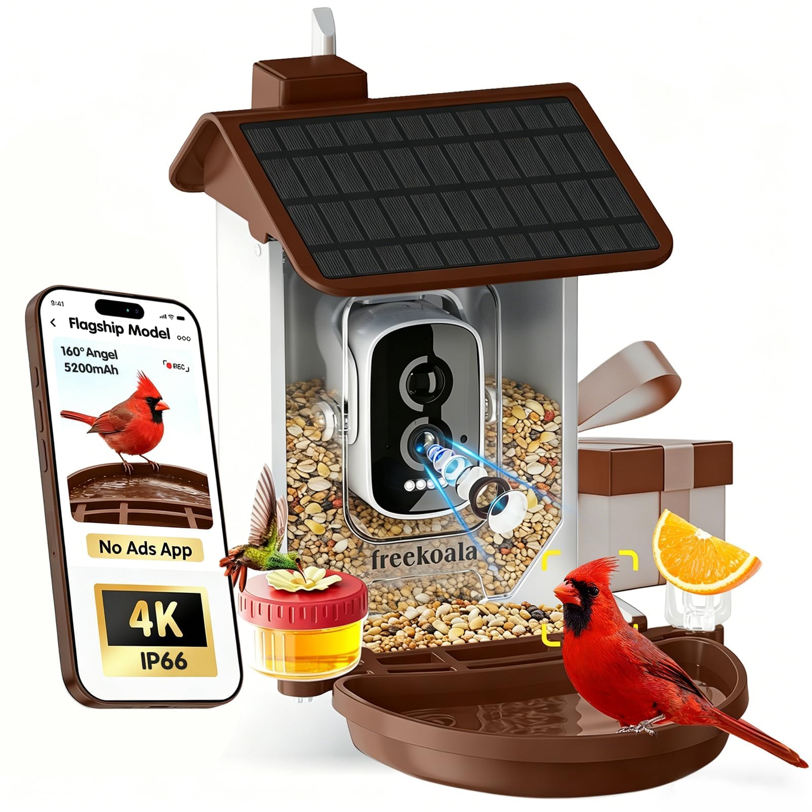 Wireless Outdoor Instant Arrival Alerts 5200mAh Battery, IP66 Waterproof, Gift for Bird Watchers, Flagship Model Brown Bird Feeder with Camera 4K UHD Video 160° Angle AI Bird ID Solar Powered