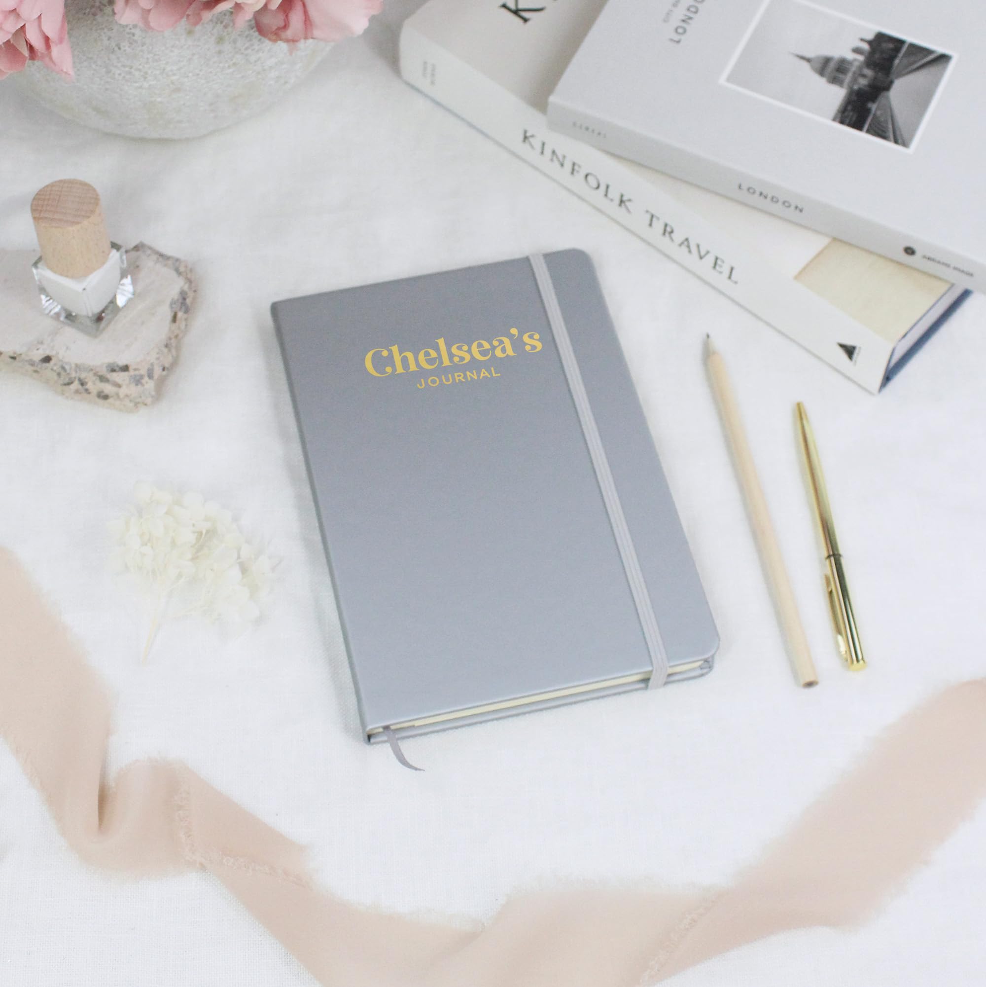 eBuyGB Personalised Journal Notebook, Soft Touch Hardback A5 Lined Journal with Any Name, Travel Dream Journal, To Do List, 2024 Planner Stationery (Grey)