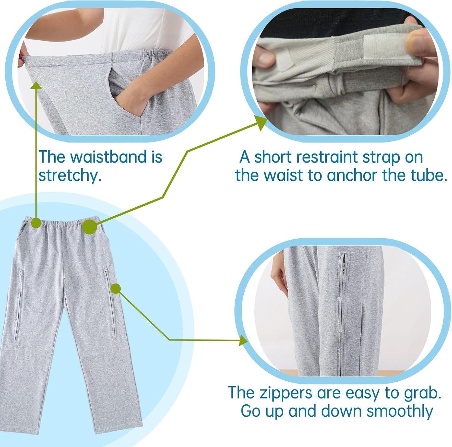 Catheter Pants for Men/Women, Urine Bag Holder with 2 Zippered Side Pockets, Holding 2x2000ml Catheter Bag for Nephrostomy, Foley, Cystostomy, Enterostomy, Urostomy Patients (L, Grey) - Image 4