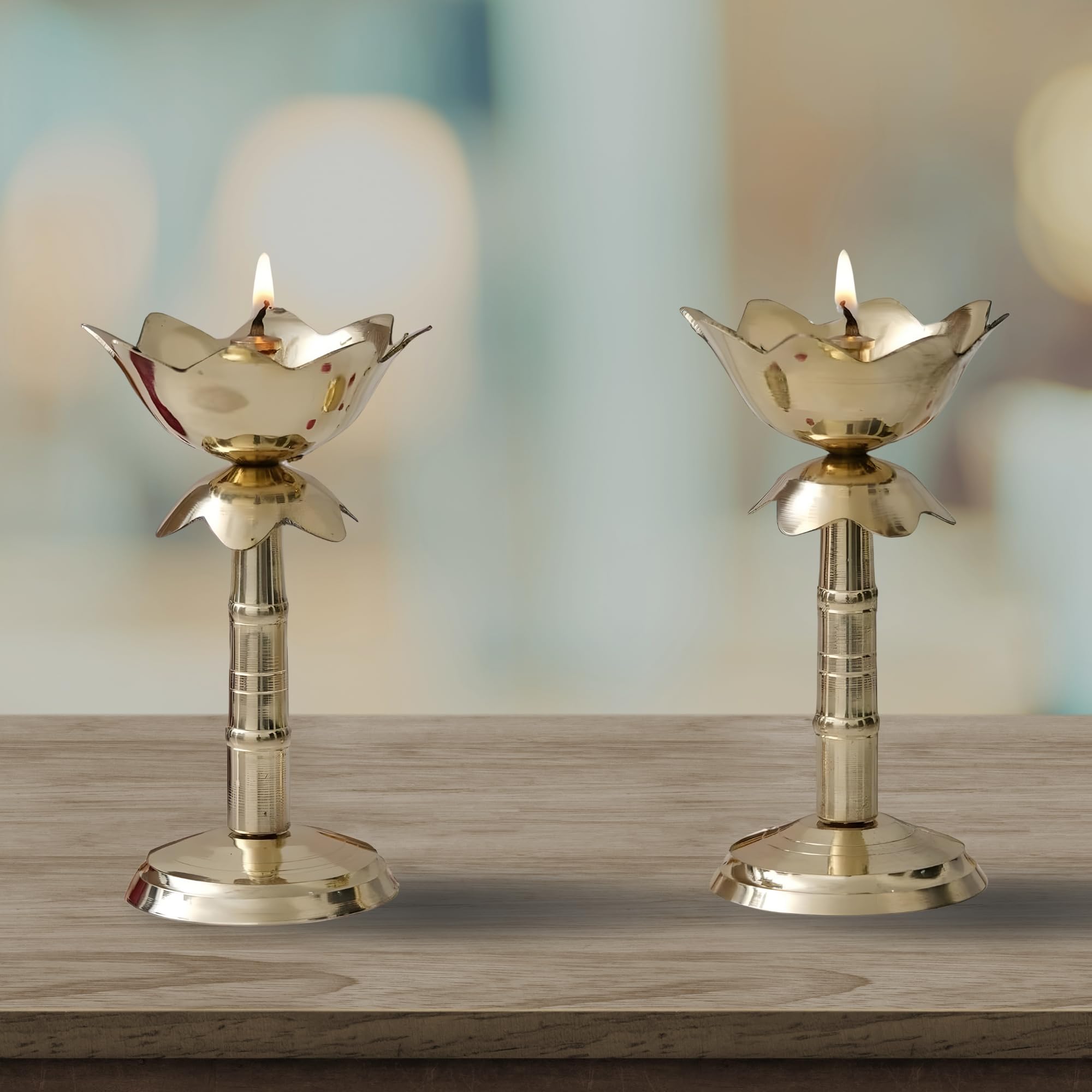 Pure Brass Diyas for Pooja Deepam Kuber Lotus with Stand | Traditional Kerala Kuthu Vilakku & Samai Kundulu for Home Temple, Diwali Decor & Gifting Diya Lamps Samayi Puja Articles 3.8 Inch (Set of 2)