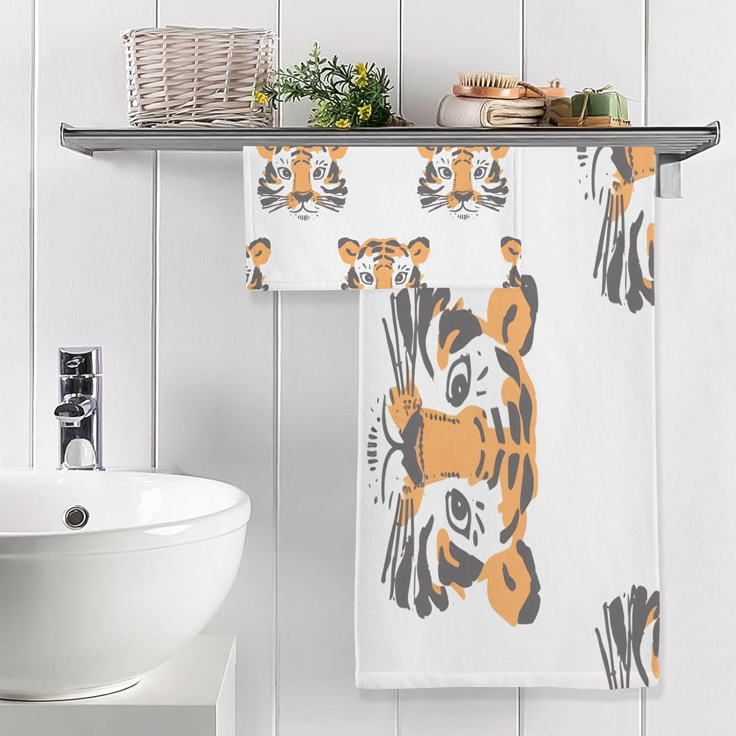 Hand Towels Premium Soft and Highly Absorbent Adorable Tiger Face 2 Pcs Towels for Bathroom Set 100% Cotton Decorative Face Towels