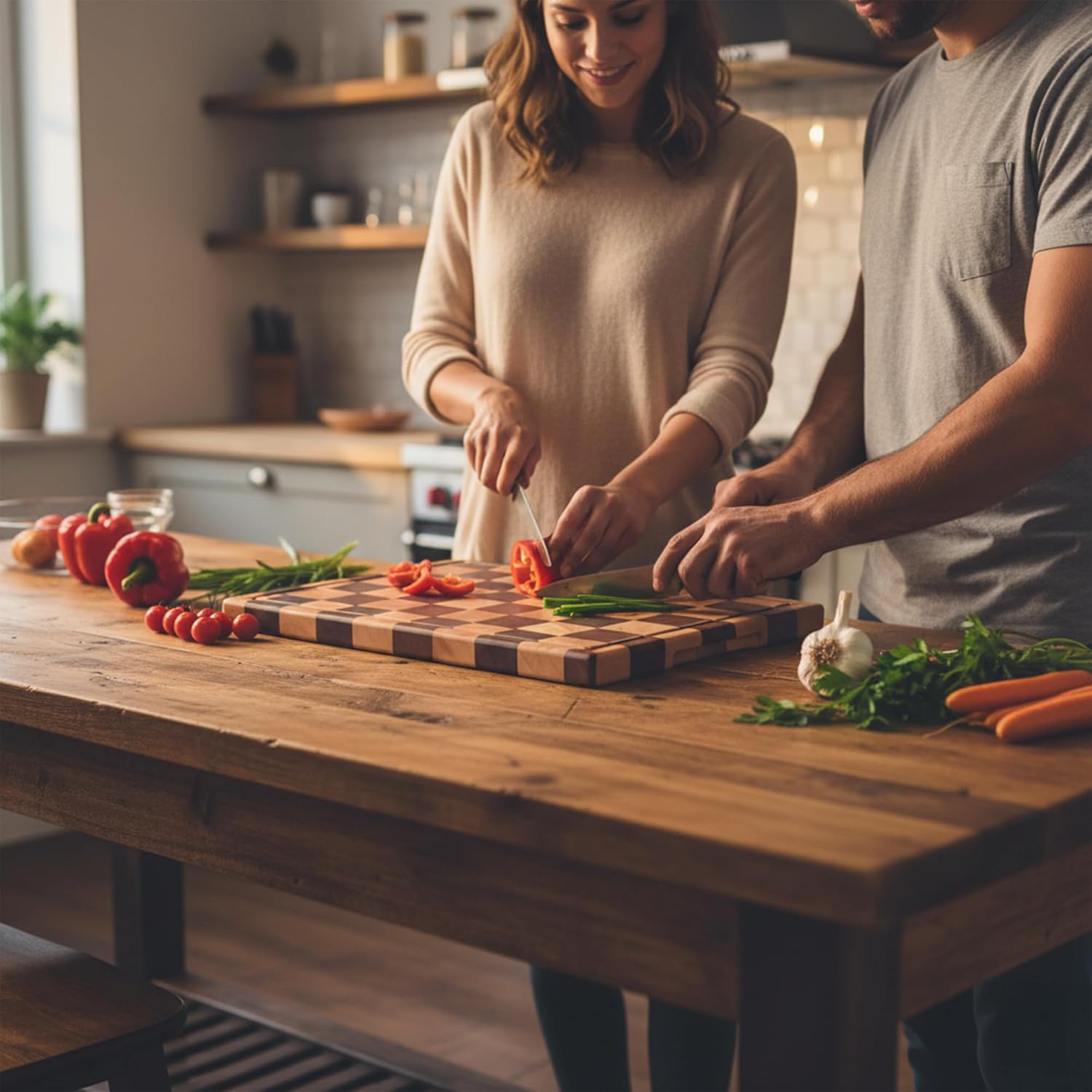 100% Organic Acacia Wood Cutting Board 16.5" x 11.6"–End Grain Checkered Wooden Cutting Board for Kitchen,Premium Butcher Block with Deep Juice Groove, Built-In Handle & Non-Slip Pads