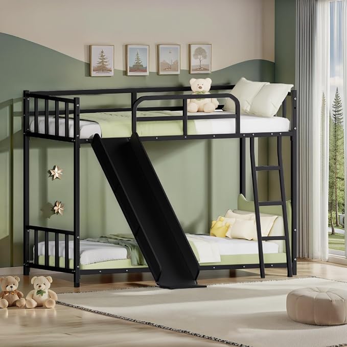 Cama Cucheta con Escalera y Tobogán, Marco Metálico Negro miniatura 3