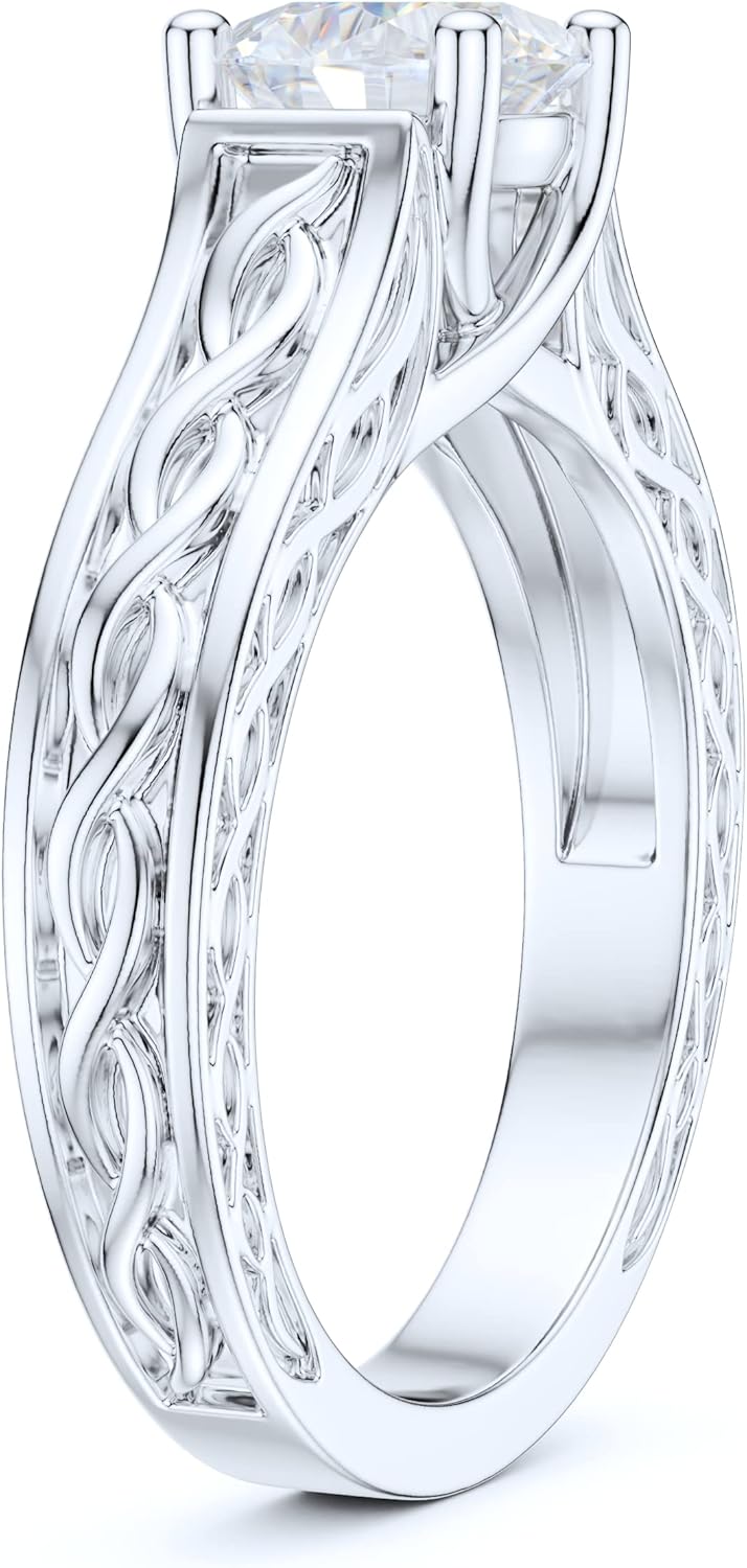 Sterling Silver Twisted Infinity Patterned 1CT Simulated Round Brilliant Cut Diamond or Genuine Moissanite Solitaire Promise Engagement Ring