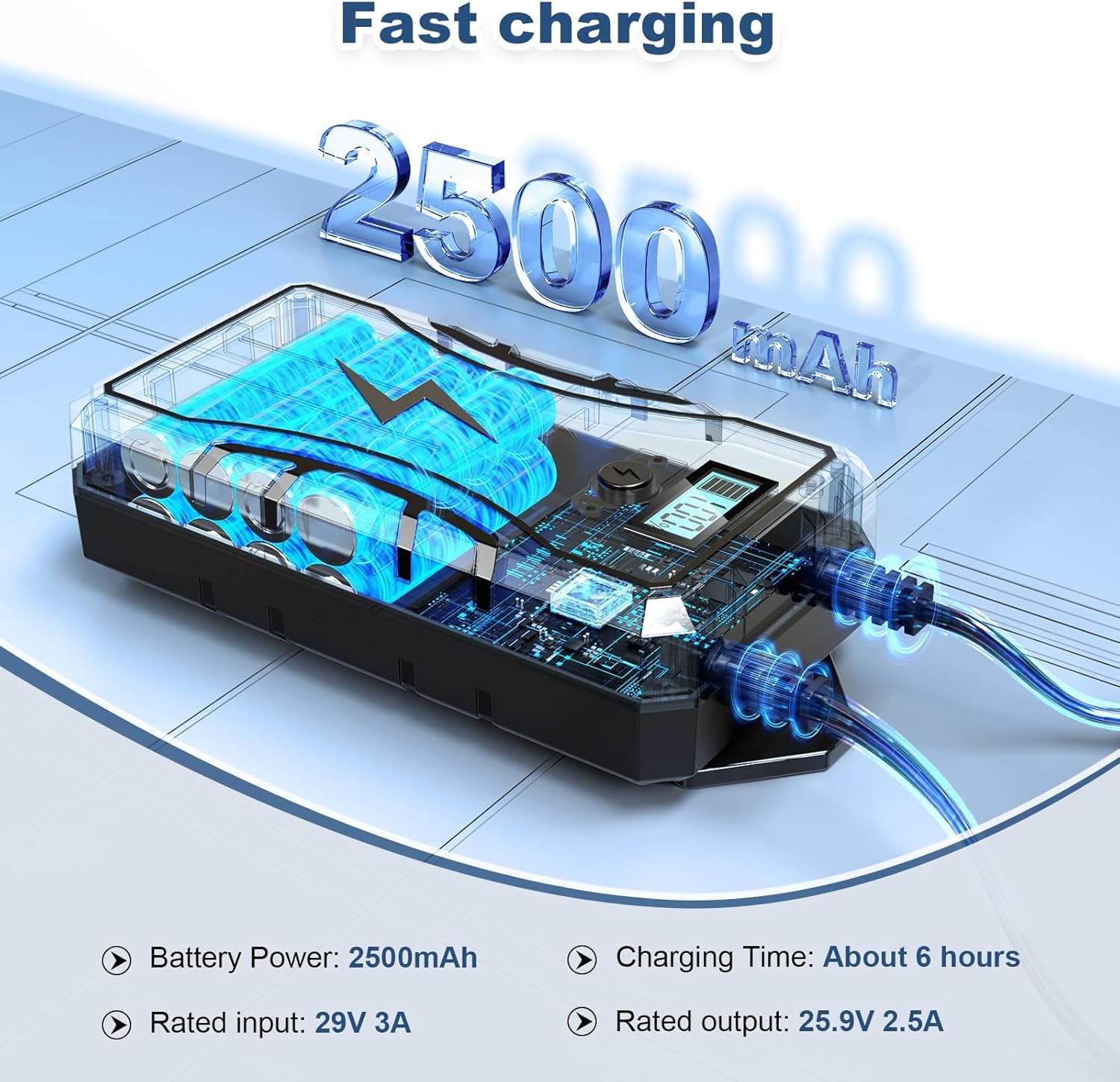 Batterie pour Meubles Inclinables, 2500mAh Rechargeable sans Fil Universel 2 Broches Affichage LED pour Meubles Inclinables/Canapé/Fauteuil élévateur avec Chargeur 29V 2A Rallonge 1M