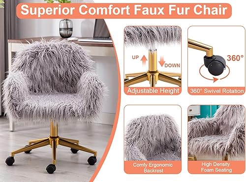 Miniatura 6 de Silla de escritorio de piel sintética, silla de escritorio gris ajustable en altura, silla de tocador para sala de maquillaje, silla giratoria de